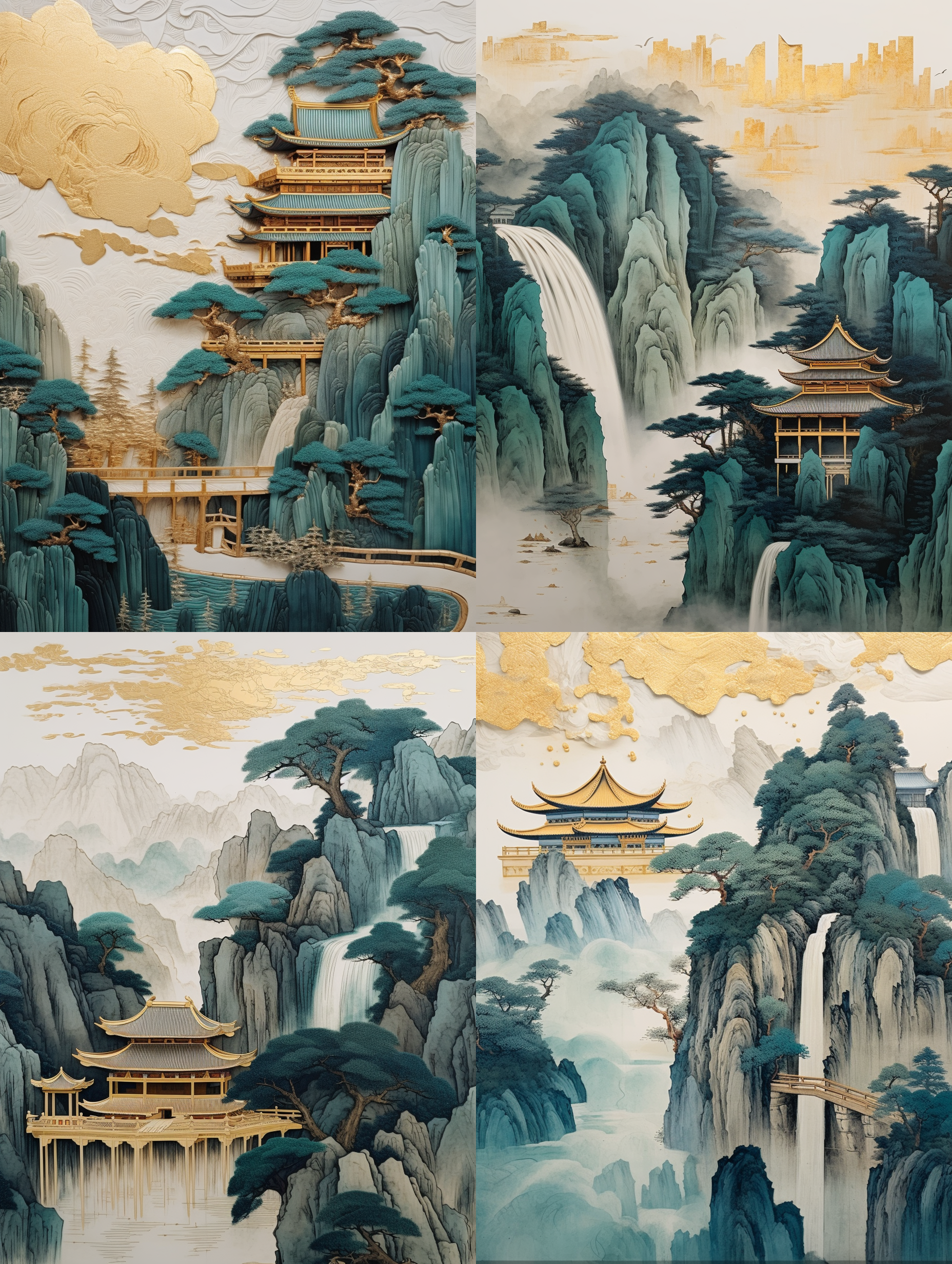 中国刺绣工艺金蓝绿山亭树，艺术创作，瀑布，质感，镀金，液态金，极简色域，写意，白色，有机形态，简洁背景。