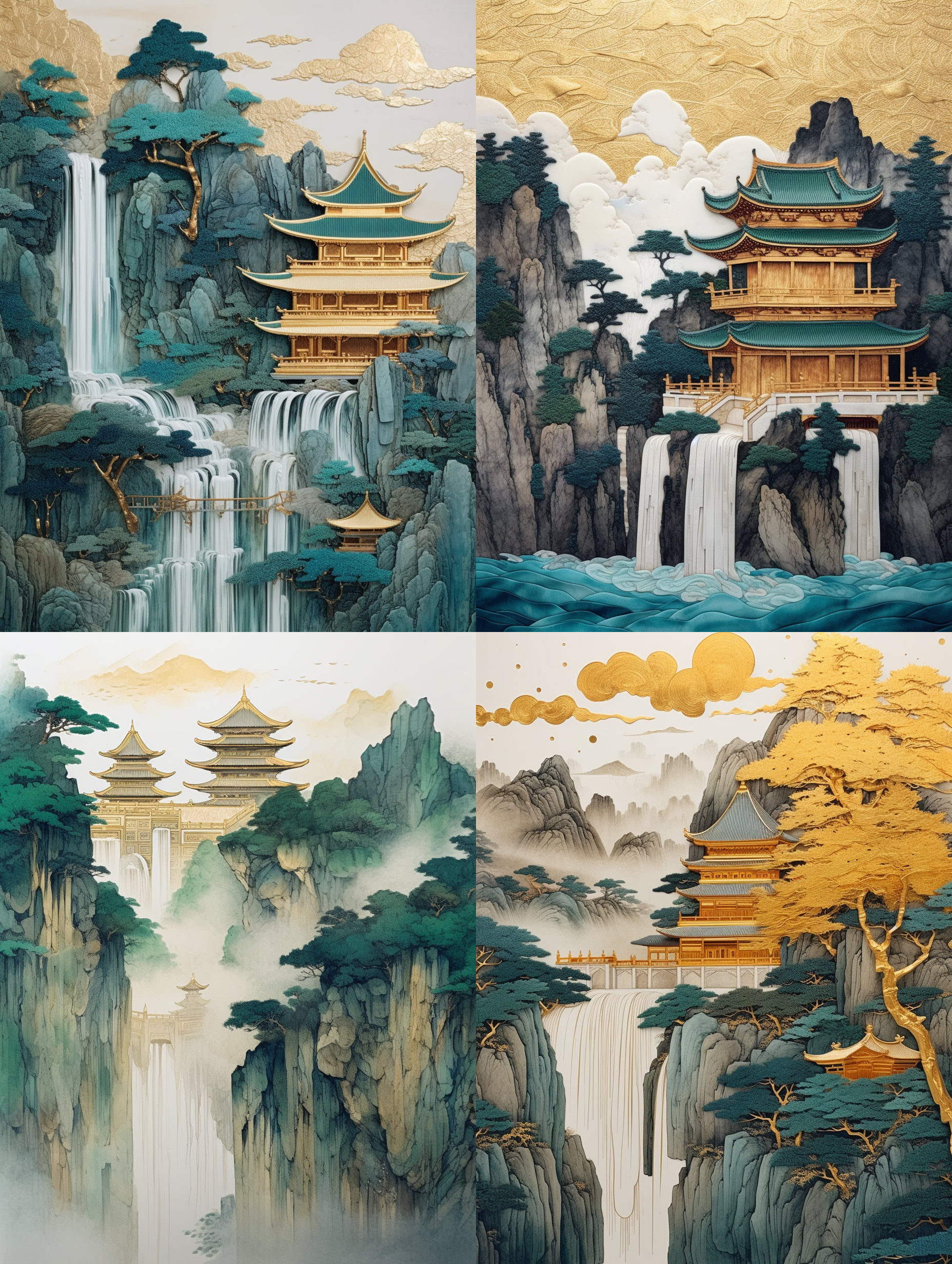 中国刺绣工艺金蓝绿山亭树，艺术创作，瀑布，质感，镀金，液态金，极简色域，写意，白色，有机形态，简洁背景。