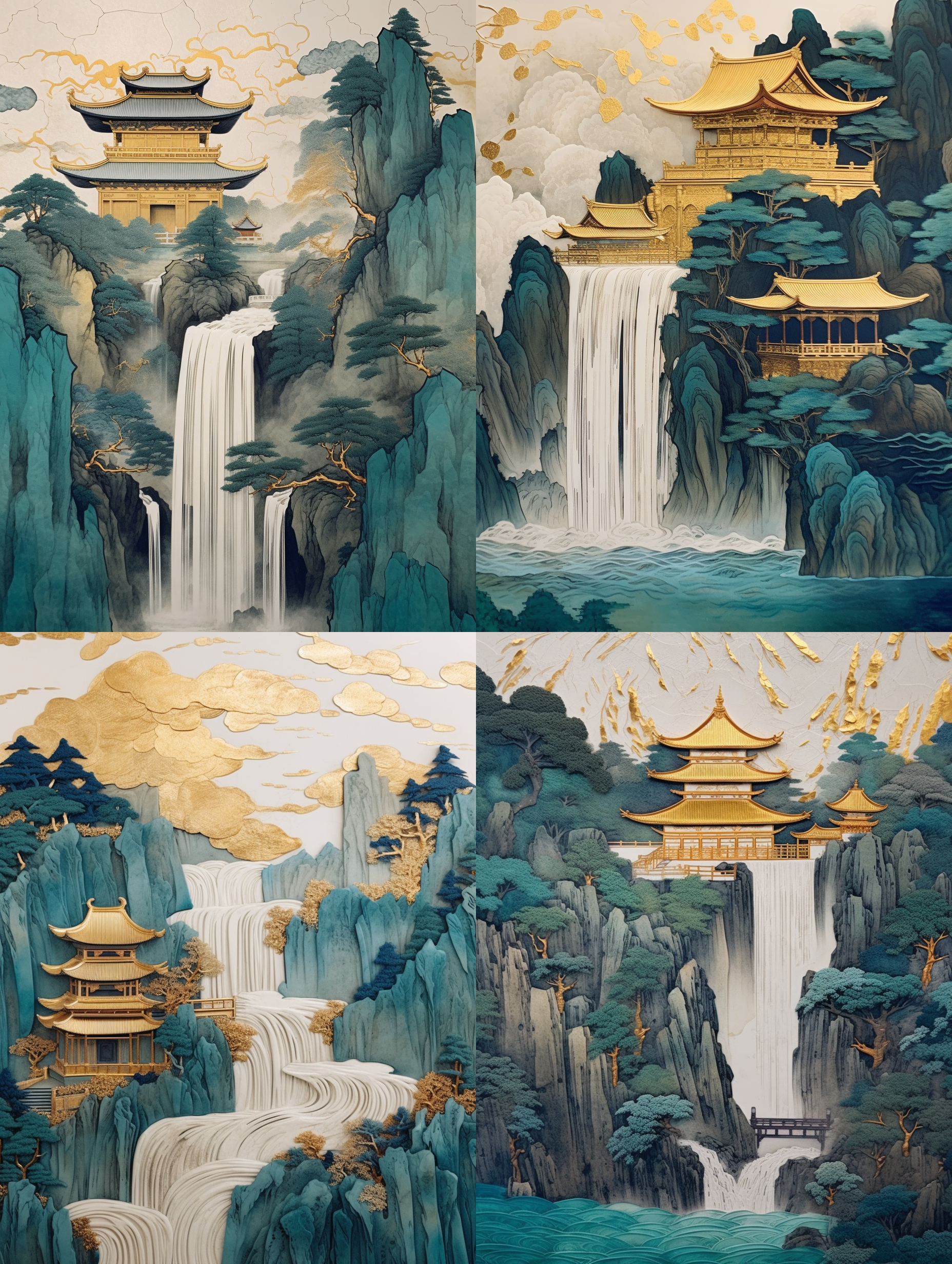 中国刺绣工艺金蓝绿山亭树，艺术创作，瀑布，质感，镀金，液态金，极简色域，写意，白色，有机形态，简洁背景。