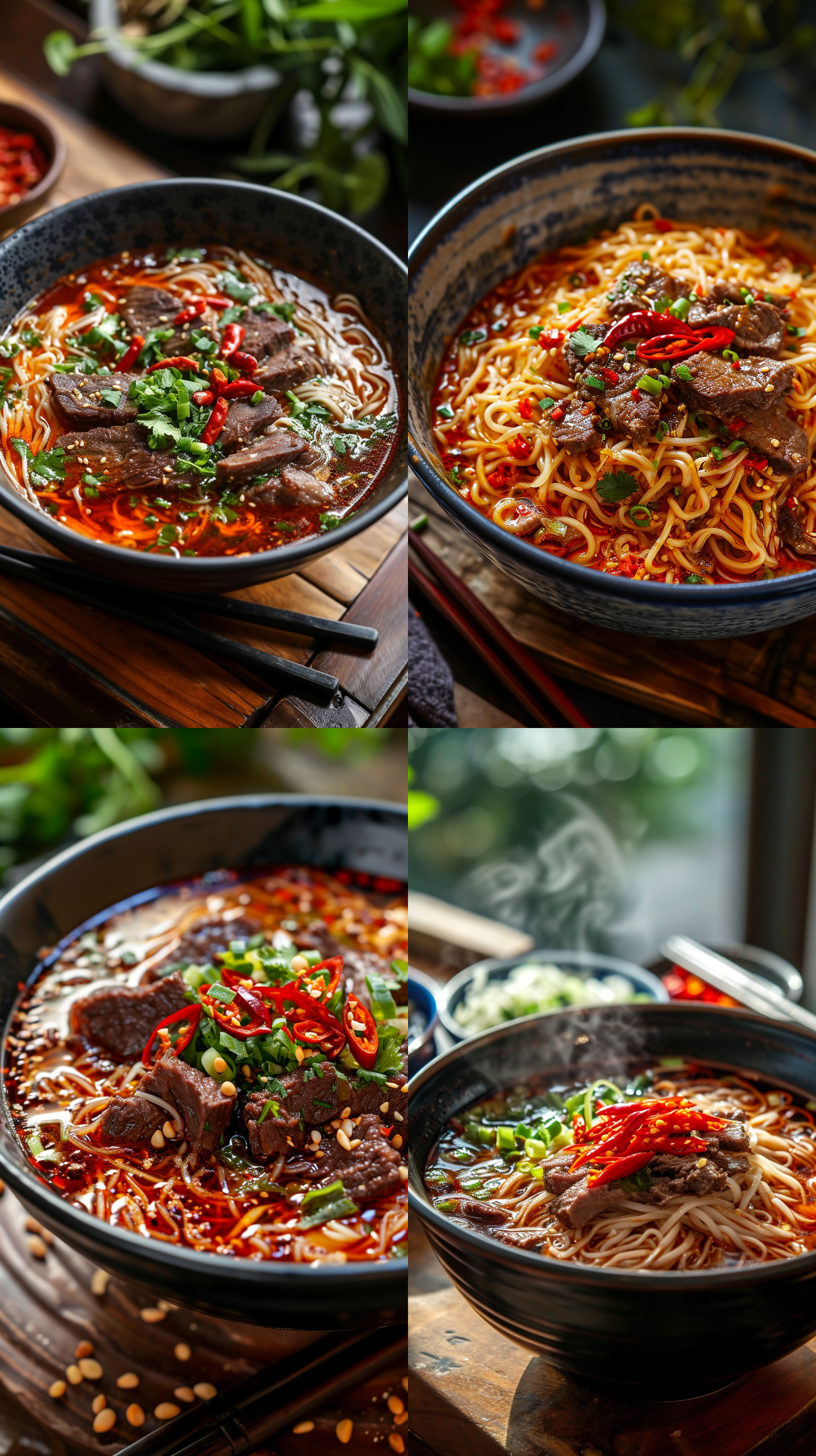 一碗粉丝，红油飘香，红辣椒飘浮在粉条上，碗里滋滋冒油，粉条上点缀着羊肉片。看上去鲜香可口。