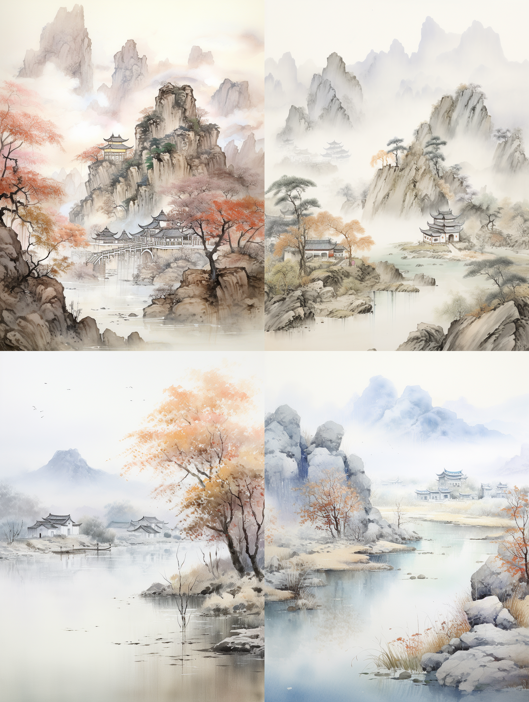 中国传统山水画，淡白色背景，带有浅灰色细线纹理和古旧纸张质感，展现宋代风格，宣纸材质，古老的中国村落，茅草屋，柳树，山川，传统中国水墨画，墨砚。