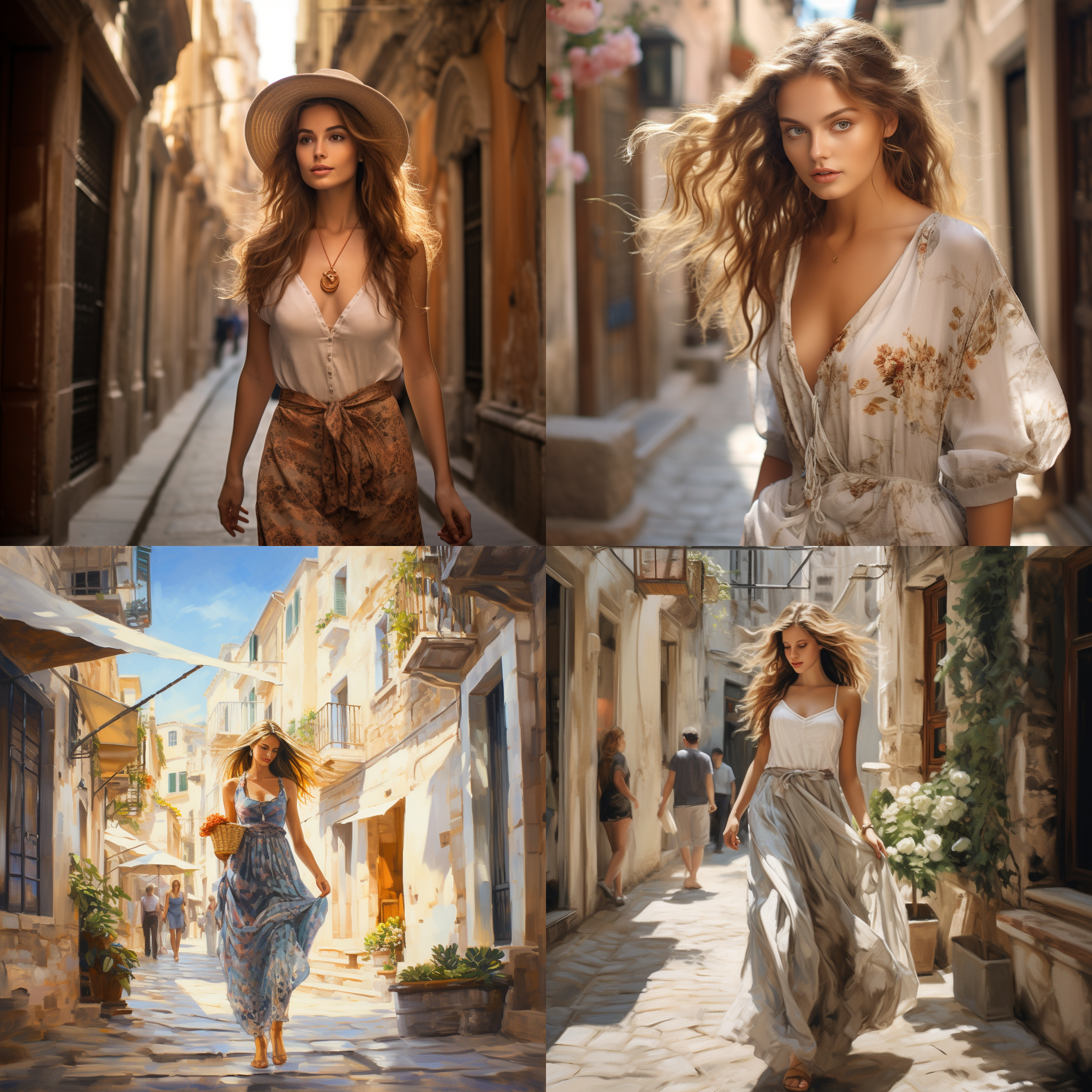 美女行走在古镇小街上，工笔画风格，对称构图，狭长街道，传统建筑，细节丰富，柔和色调，中焦镜头，自然光，优雅动作，鲜艳元素，唯美情感。