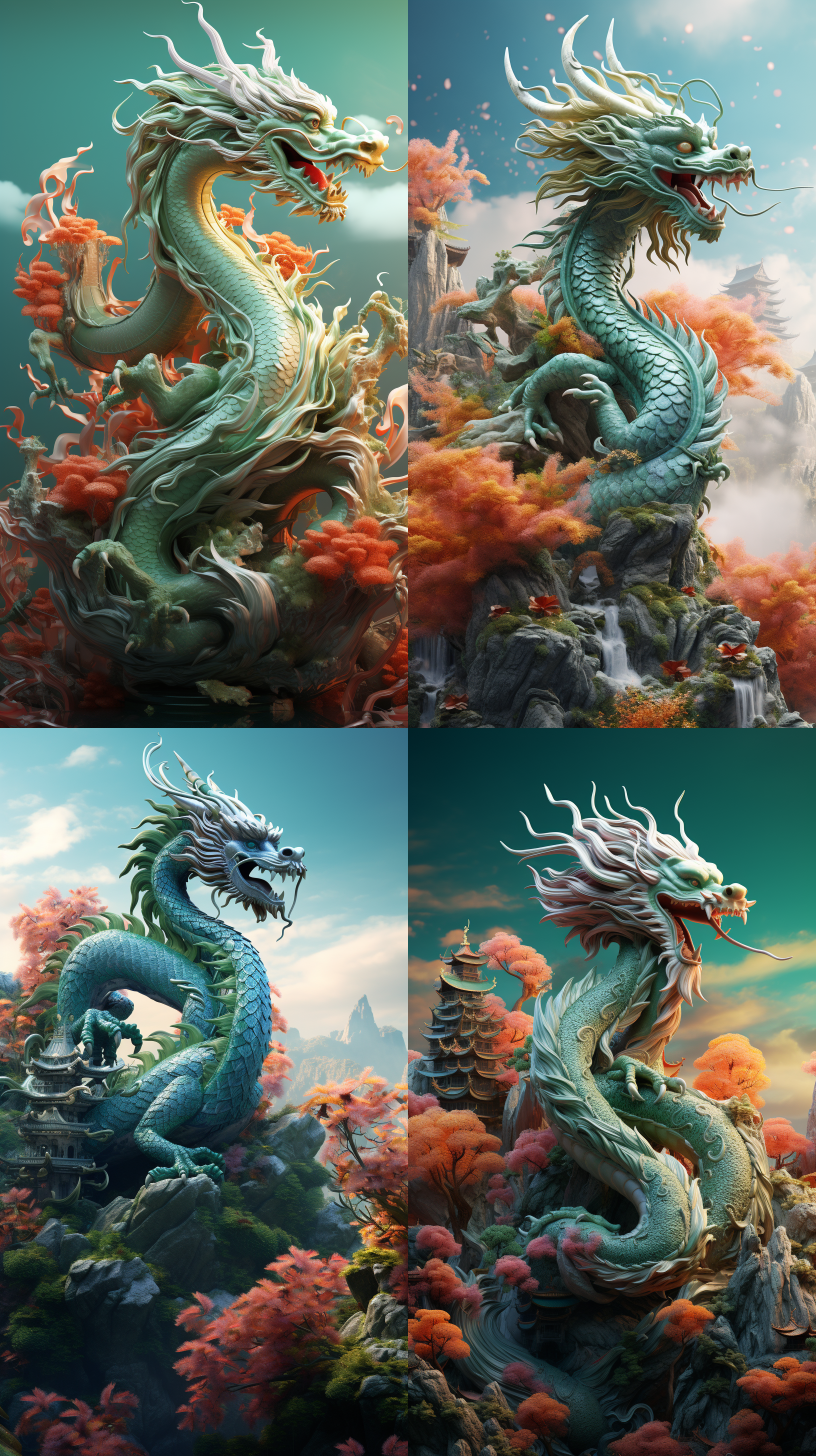 中国龙，在宏伟的中国山水中翱翔，传统元素装饰，视觉冲击感，中国风翡翠质感，3d立体，c4d 渲染，超现实主义，电影照明，明亮的光线，超高清，精细细节，调色，32k