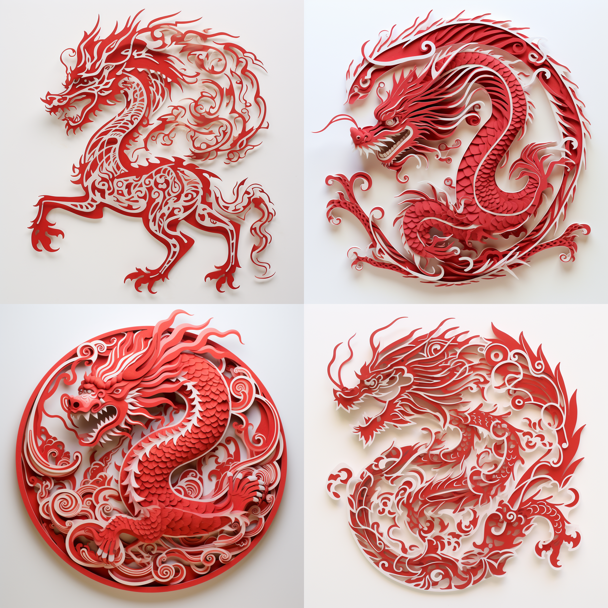 生肖龙，侧面，身体完整，弯曲流畅，精细，红色剪纸，浅色背景