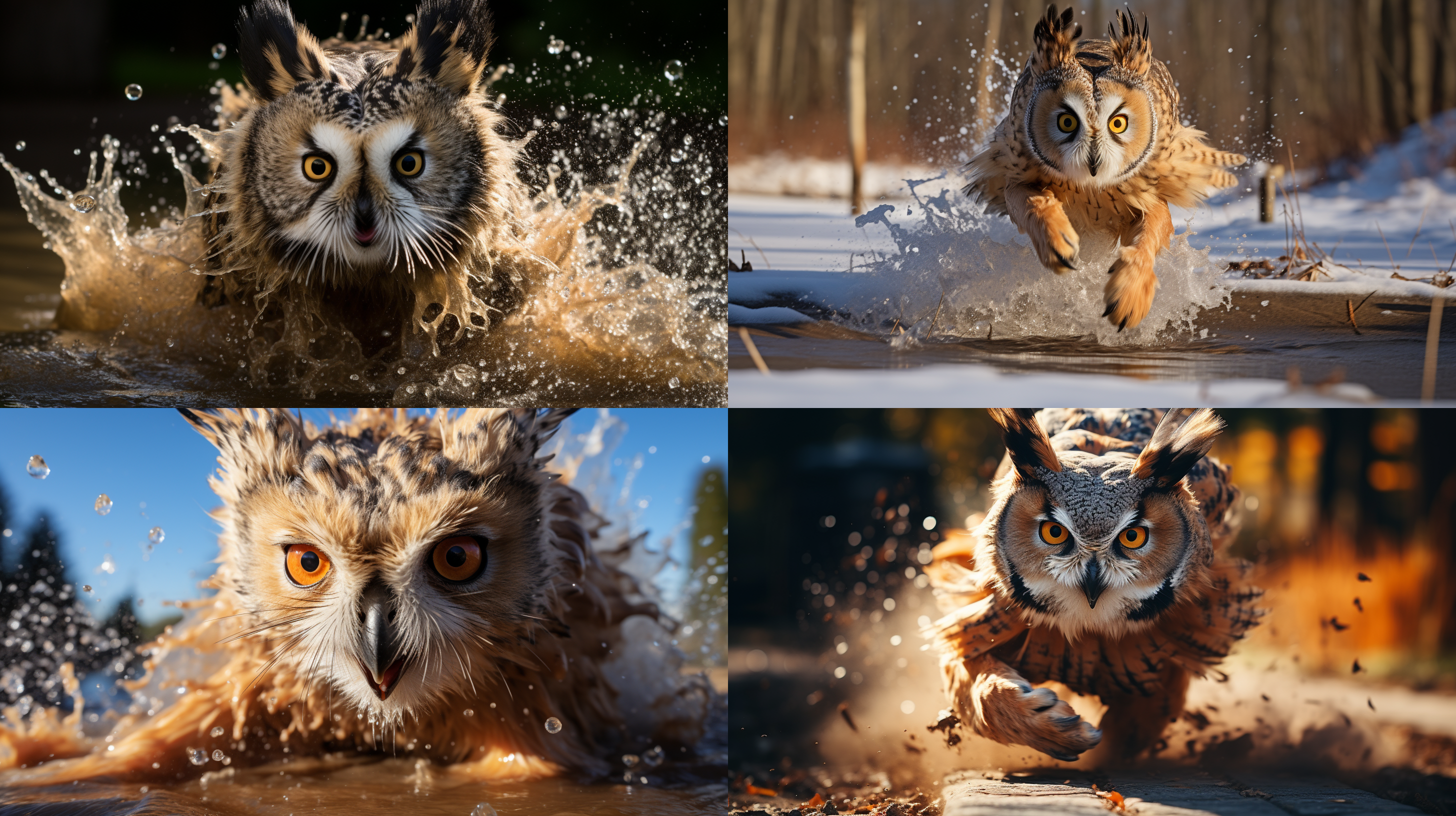 长耳鸮落地，双脚推雪，地面雪花四溅，冲击力强，正面，广角，