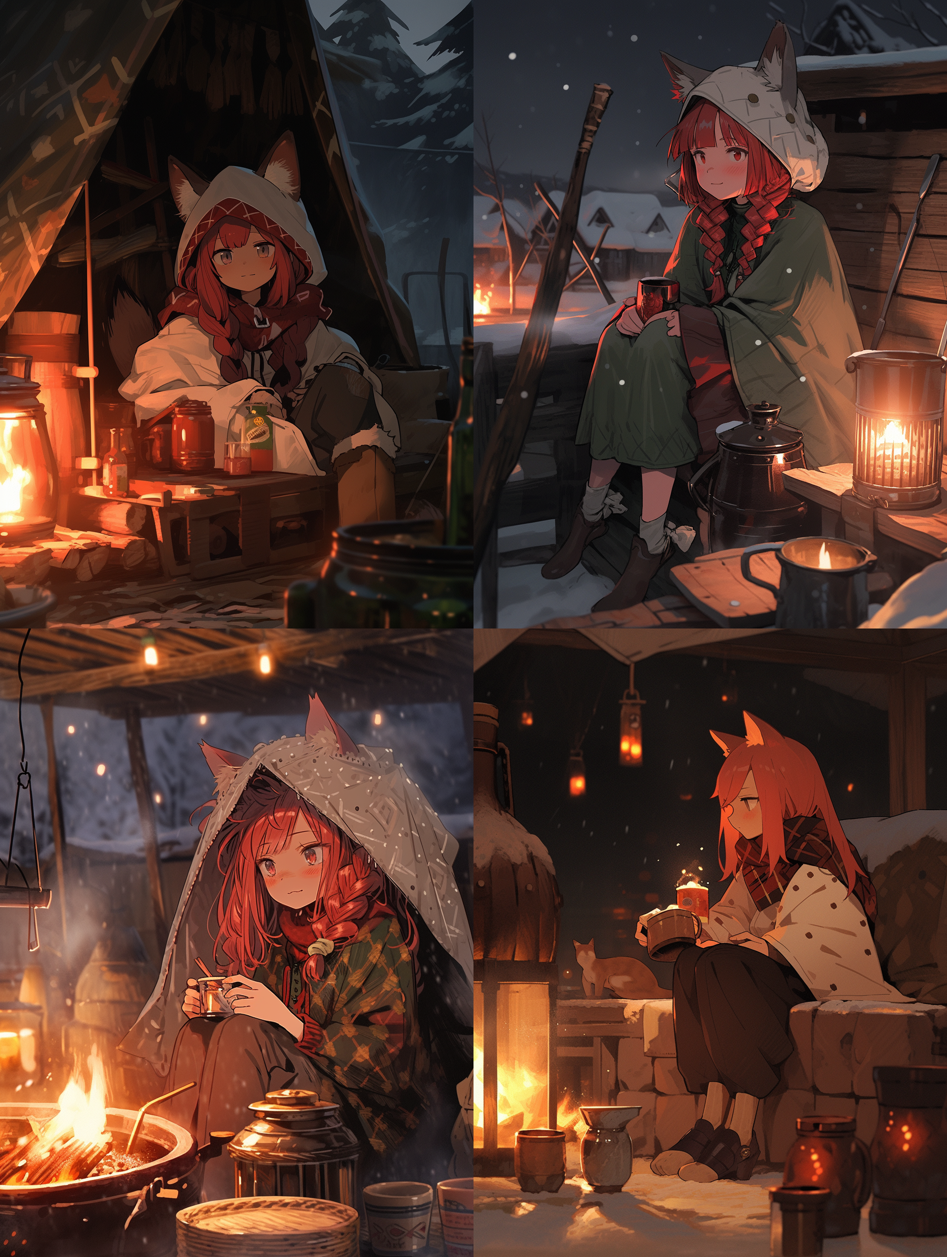 绿蚁新醅酒，红泥小火炉。晚来天欲雪，能饮一杯无？ 红色头发 红色 猫耳 盘腿 坐 歪头 兴奋 笑 得意 蝴蝶结发饰 腿部系带 双辫子 齐刘海 单人 夜晚 下雨 月亮 山上