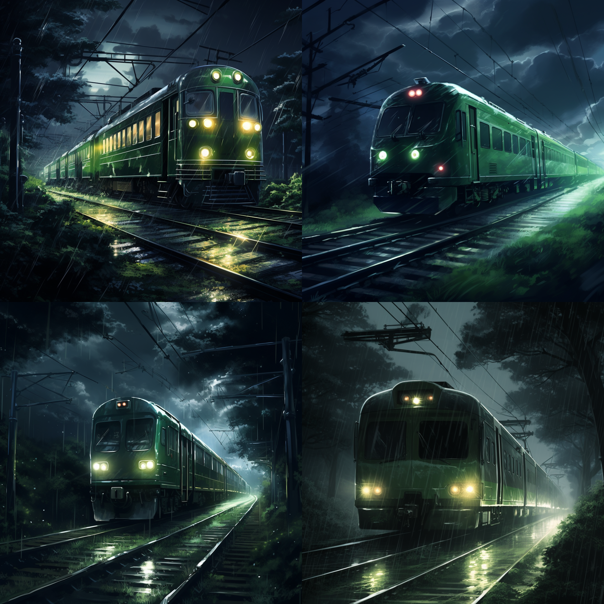 午夜，高速驶过的绿皮火车，雨天，阴森，没有灯光，恐怖，动漫化