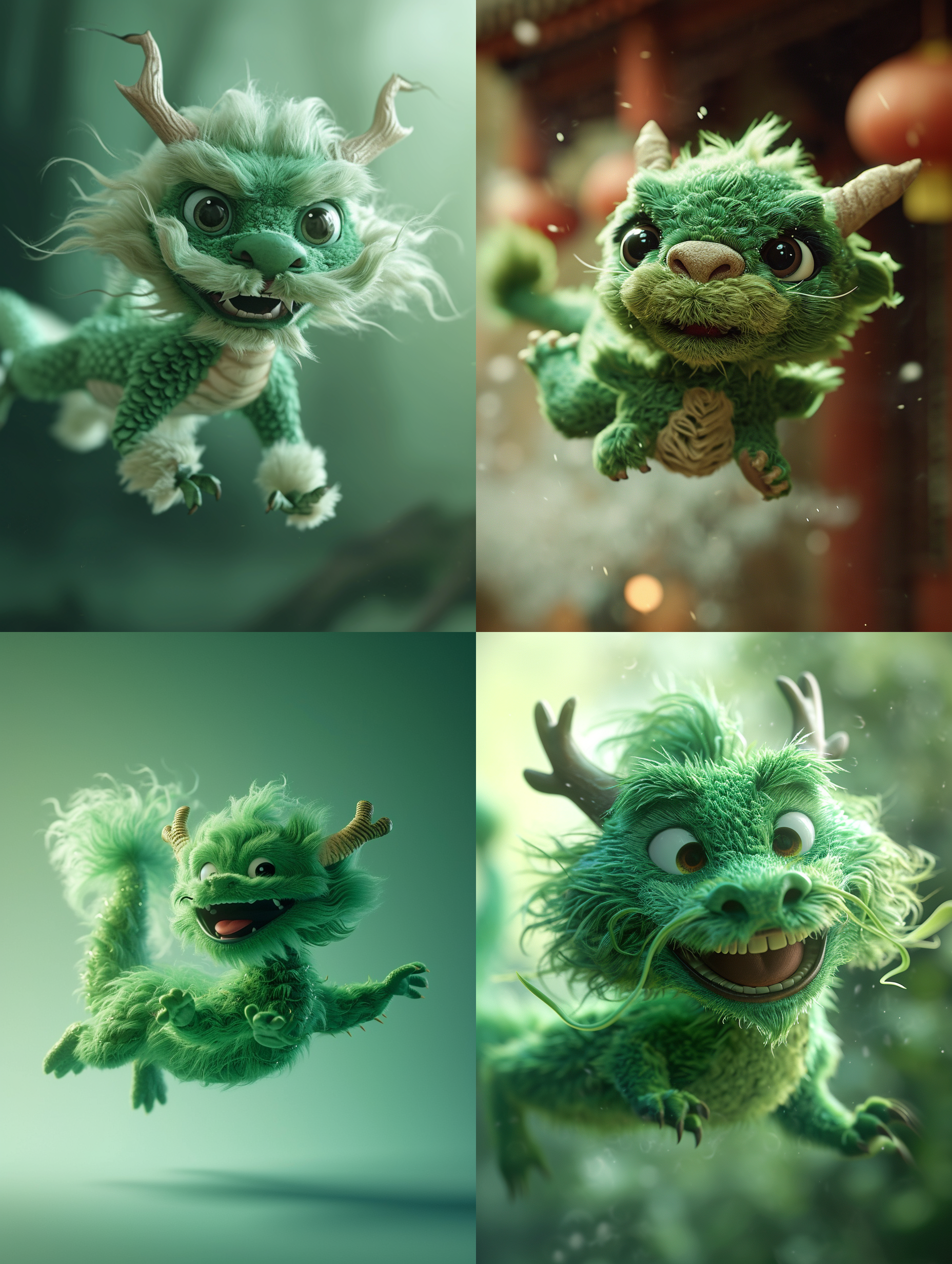 绿色毛茸茸飞起来的中国小龙，呆萌，纯色渐变背景，高品质，皮克斯风格，柔光，可爱，温暖，细节丰富，饱和度高，焦距长，浅景深。