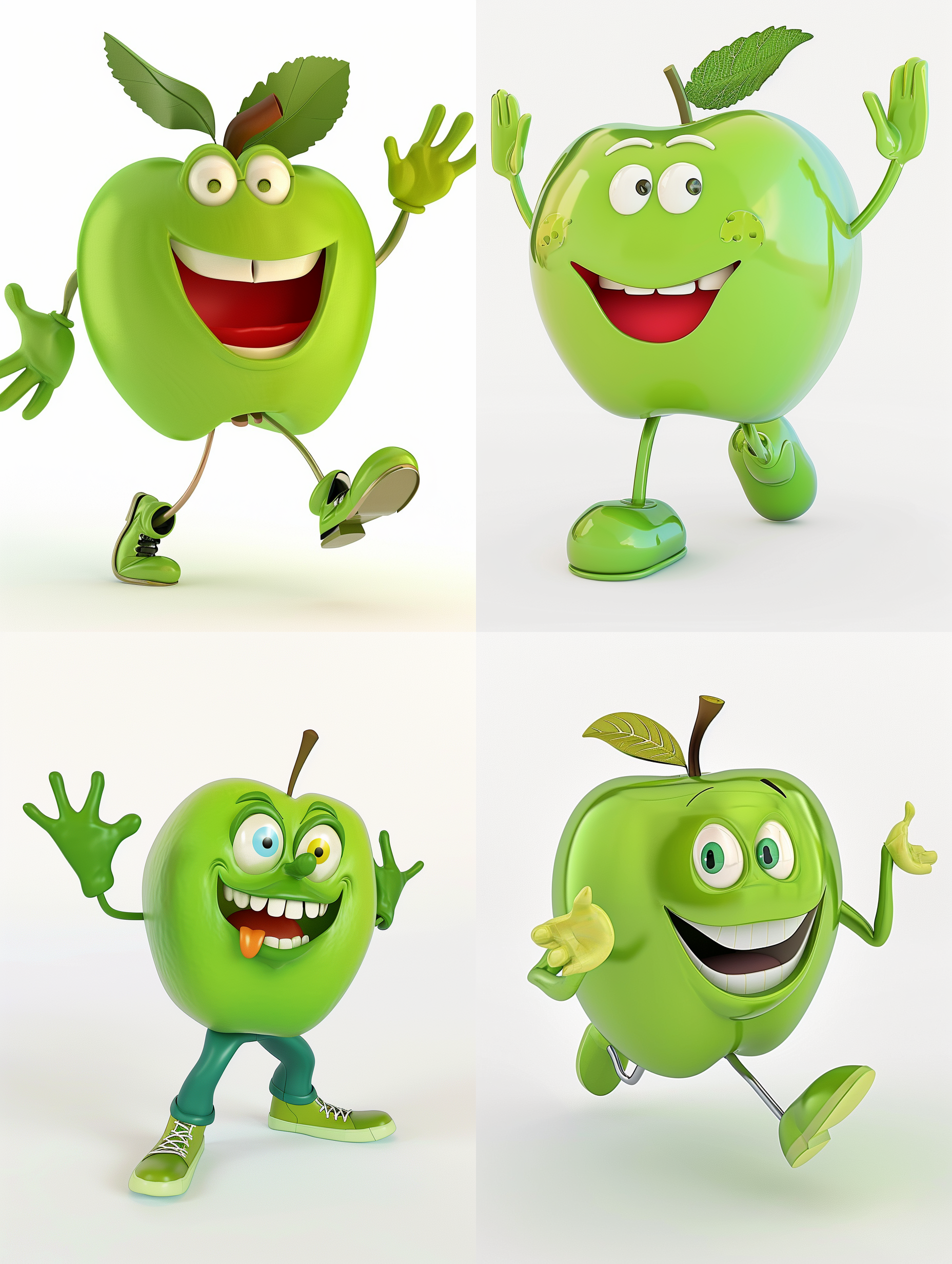 卡通青苹果，卡通风格，穿着时尚衣服，粘土材质，c4d渲染，鲜明色彩，清晰细节，柔和光线，动感十足，欢快氛围，白色背景。