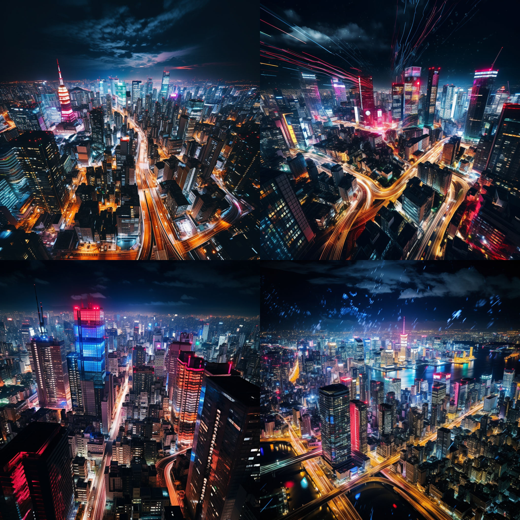 东京上空，夜晚景色，30秒长曝光，摩天大楼群，闪烁的霓虹灯，鱼眼镜头，高度感，繁华都市，夜景摄影，明亮色彩，动感，现代化，令人惊叹。