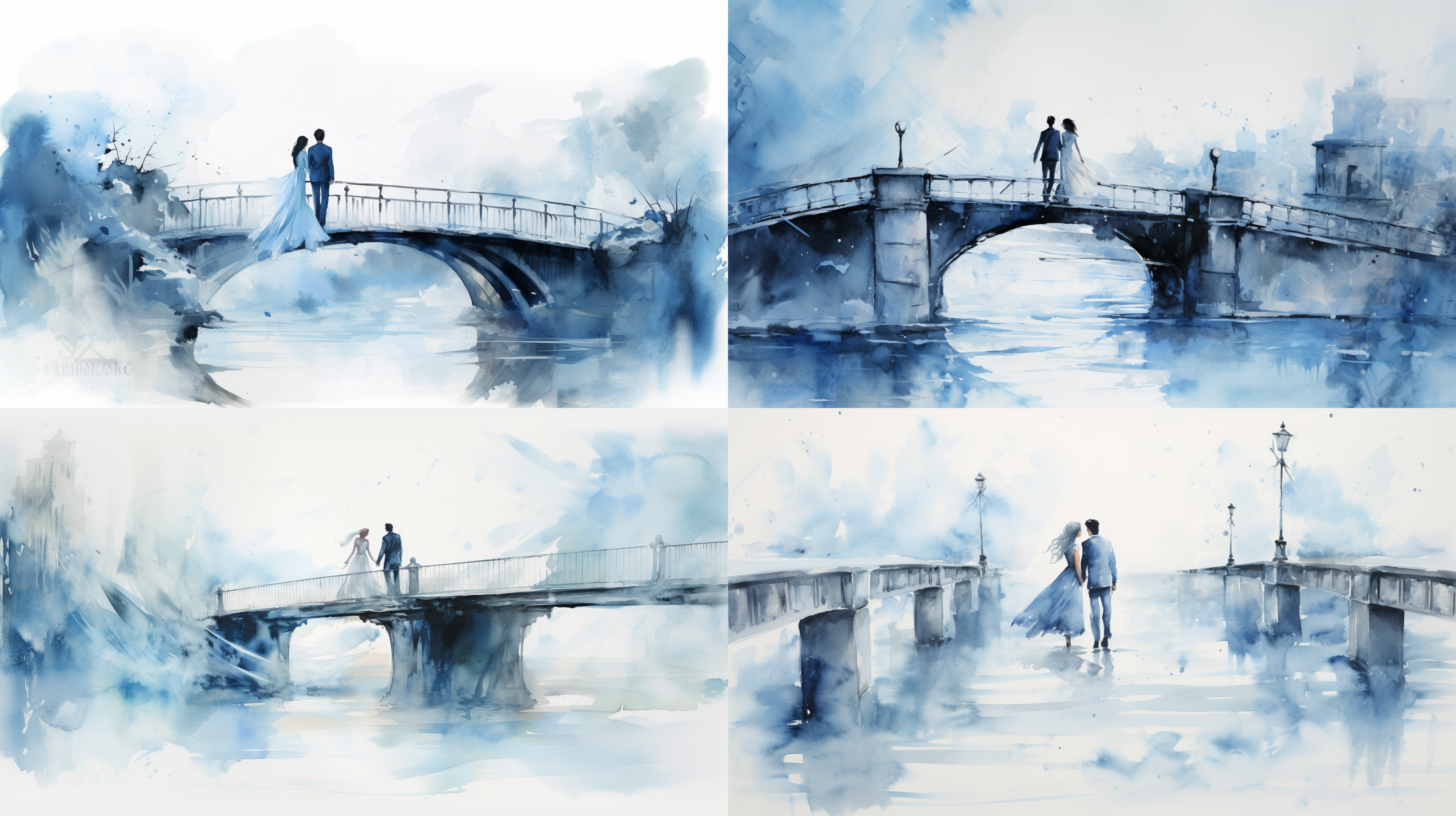 水墨画，蓝色背景，桥，水，古装情侣，对角线构图，清晰纹理，广角镜头，柔和光线，优雅动作，浪漫氛围，传统色调，平静。