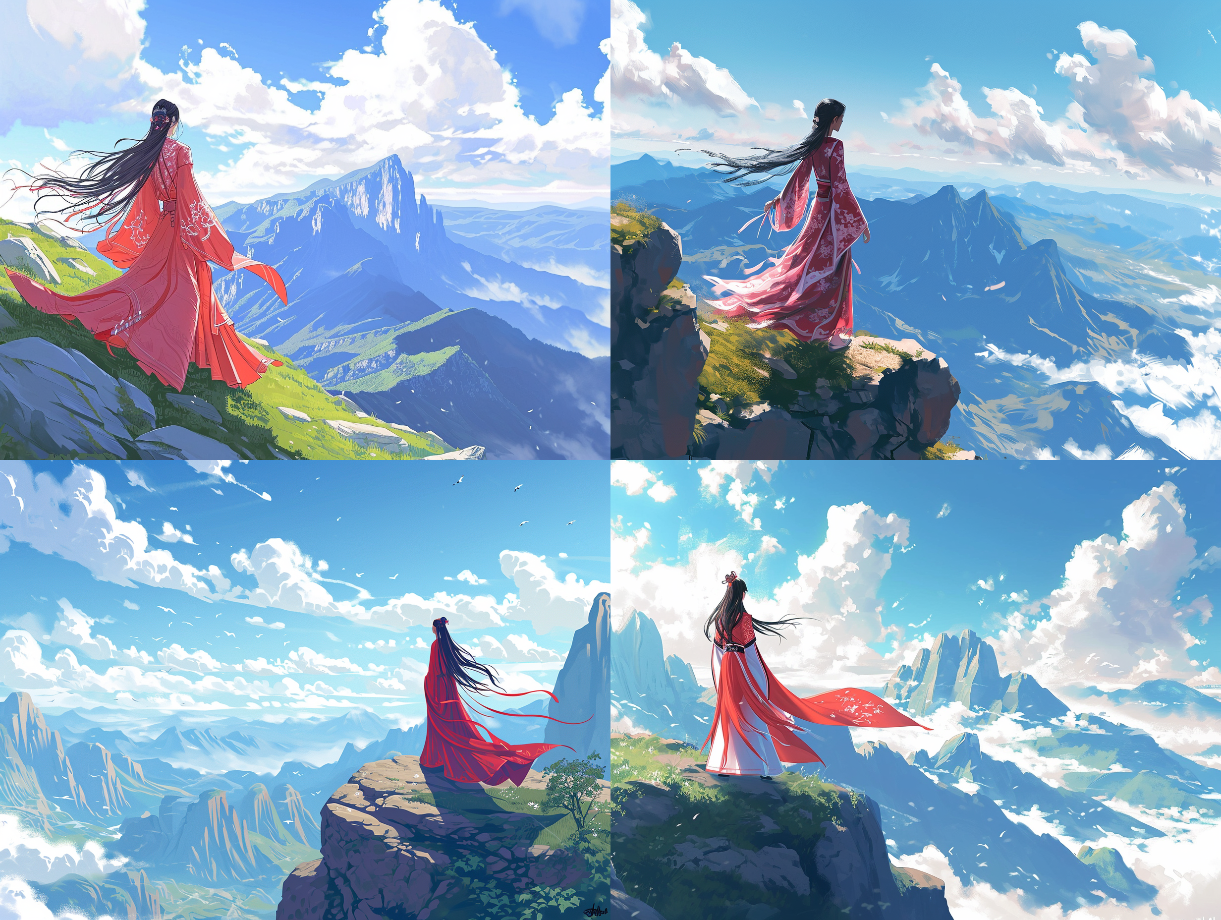 穿着中国民族服饰的卡通女孩背影，站在山顶，远处是壮丽的山脉和蓝天白云，风吹起她的长发，身姿优雅。明亮清晰，大光圈，远景，长焦镜头，自然光，轻柔色调，宁静，自由，神秘。