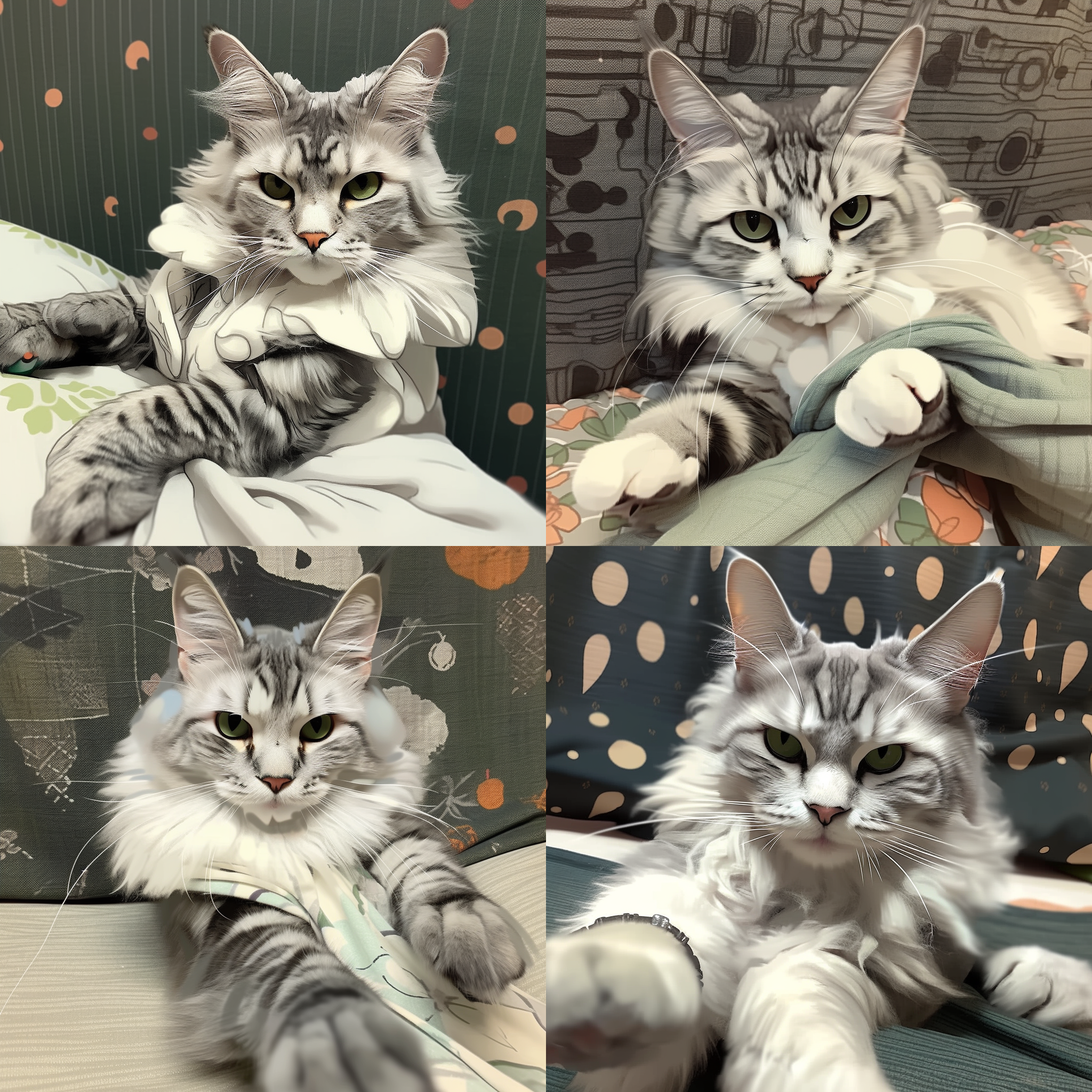 白猫使出一招武术动作，历史题材风格，概念艺术，东方元素，灰铜色调，精细服装，透视巧妙，广角镜头，熟练运用，充满力量。