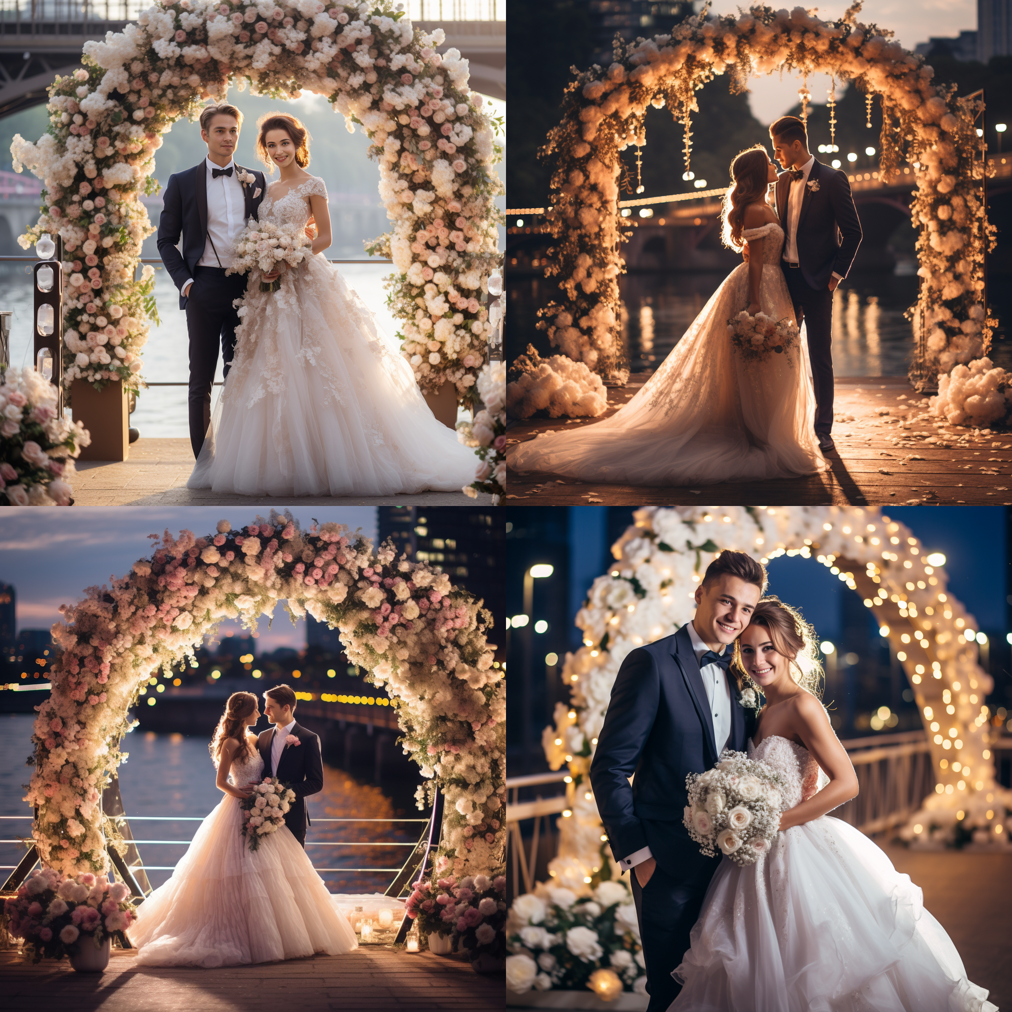 婚礼现场，西装男生和婚纱女生站在花环拱桥前，宽广的构图展现出美丽的婚礼场景。两排花篮点缀着整个画面，细节丰富。明亮的灯光照亮了他们的笑脸，帅气和美丽在照片中完美呈现。婚礼，西装男生，帅气，婚纱女生，美丽，婚礼现场，花篮，花环拱桥，宽广构图，细节丰富，明亮灯光，笑脸