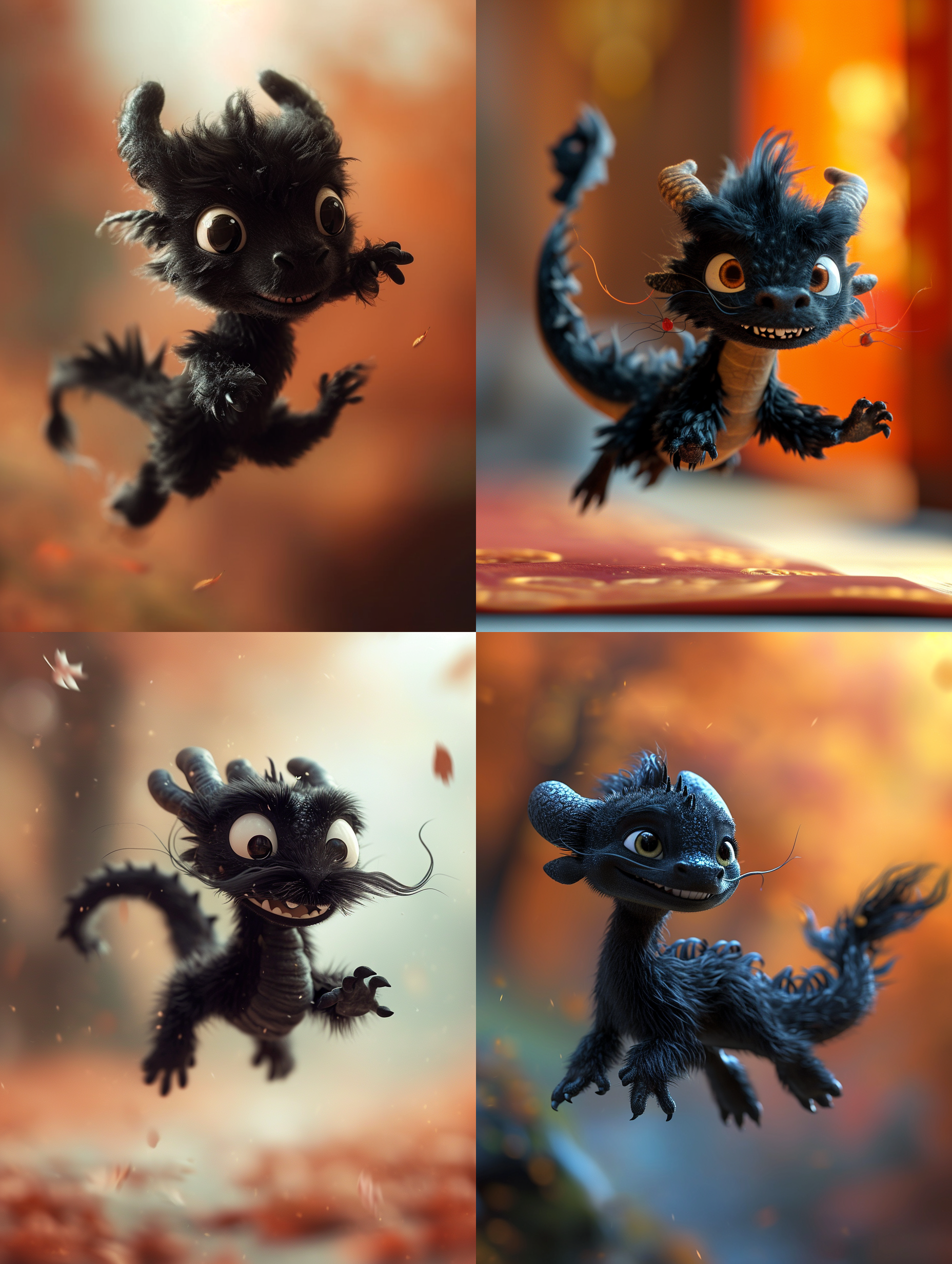 黑色毛茸茸飞起来的中国小龙，呆萌，纯色渐变背景，高品质，皮克斯风格，柔光，可爱，温暖，细节丰富，饱和度高，焦距长，浅景深。