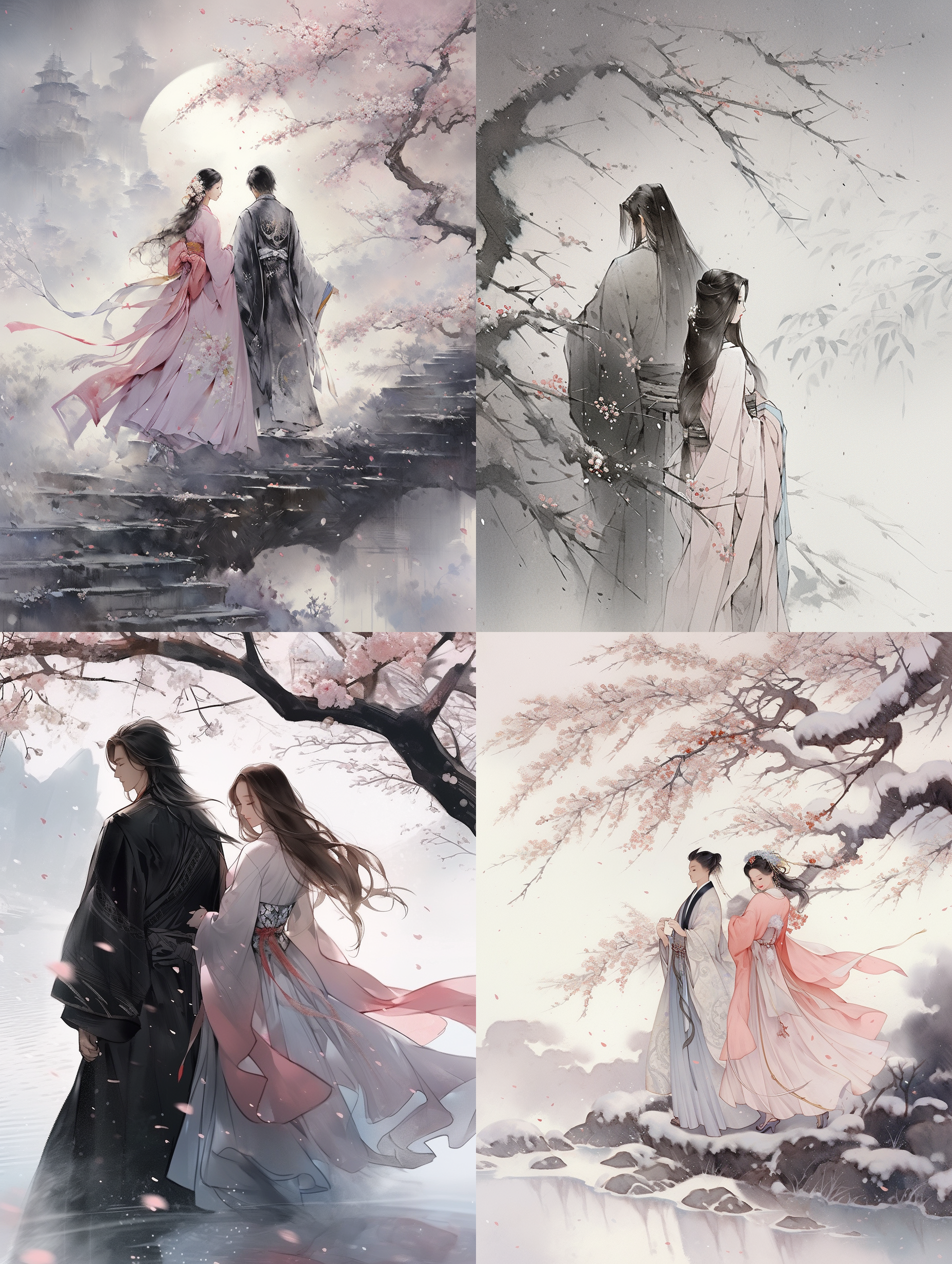 画面中有两个人，相对站立，中间间隔很远，穿越，左边中国现代美女，右边中国古代美女，桃花，飞雪 光追反射 光粒子 水墨