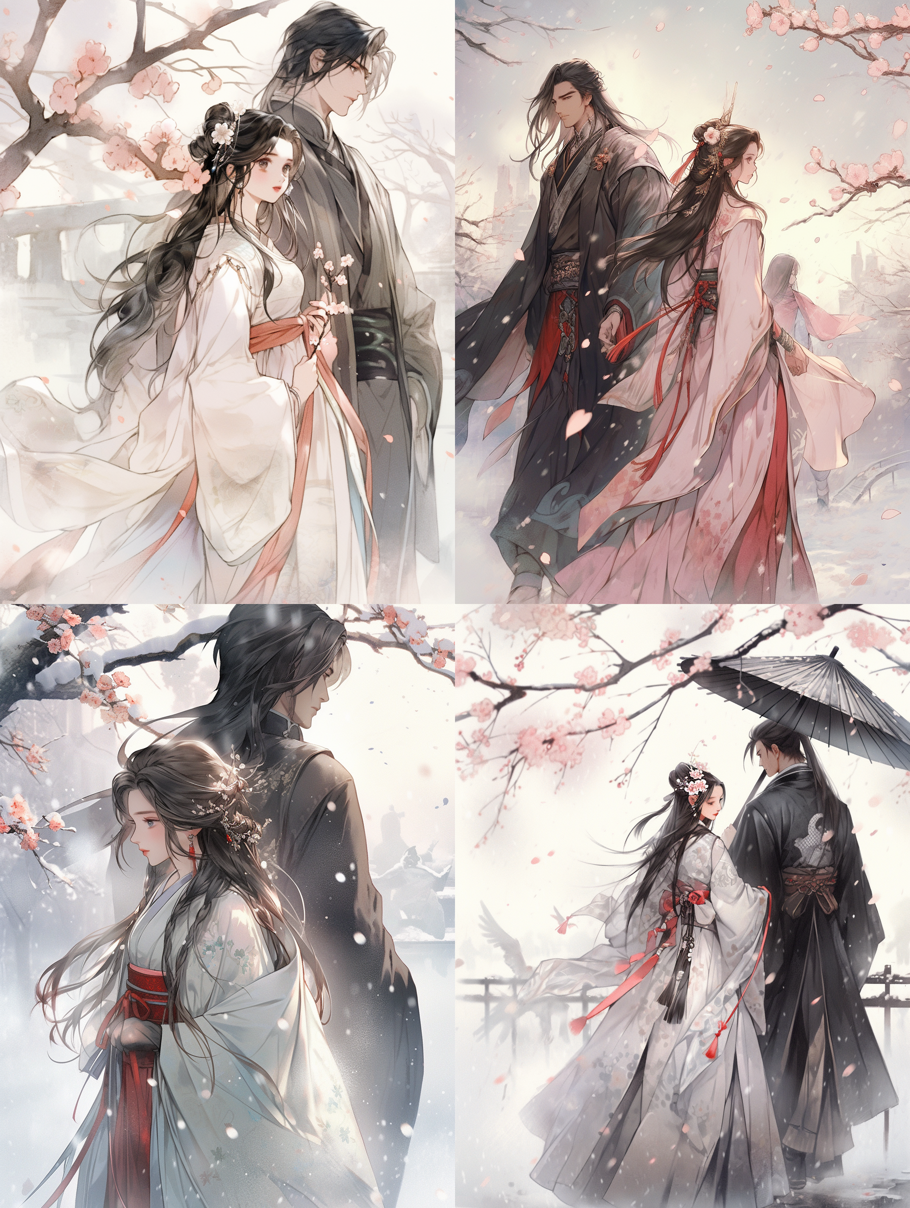 画面中有两个人，相对站立，中间间隔很远，穿越，左边中国现代美女，右边中国古代美女，桃花，飞雪 光追反射 国墨