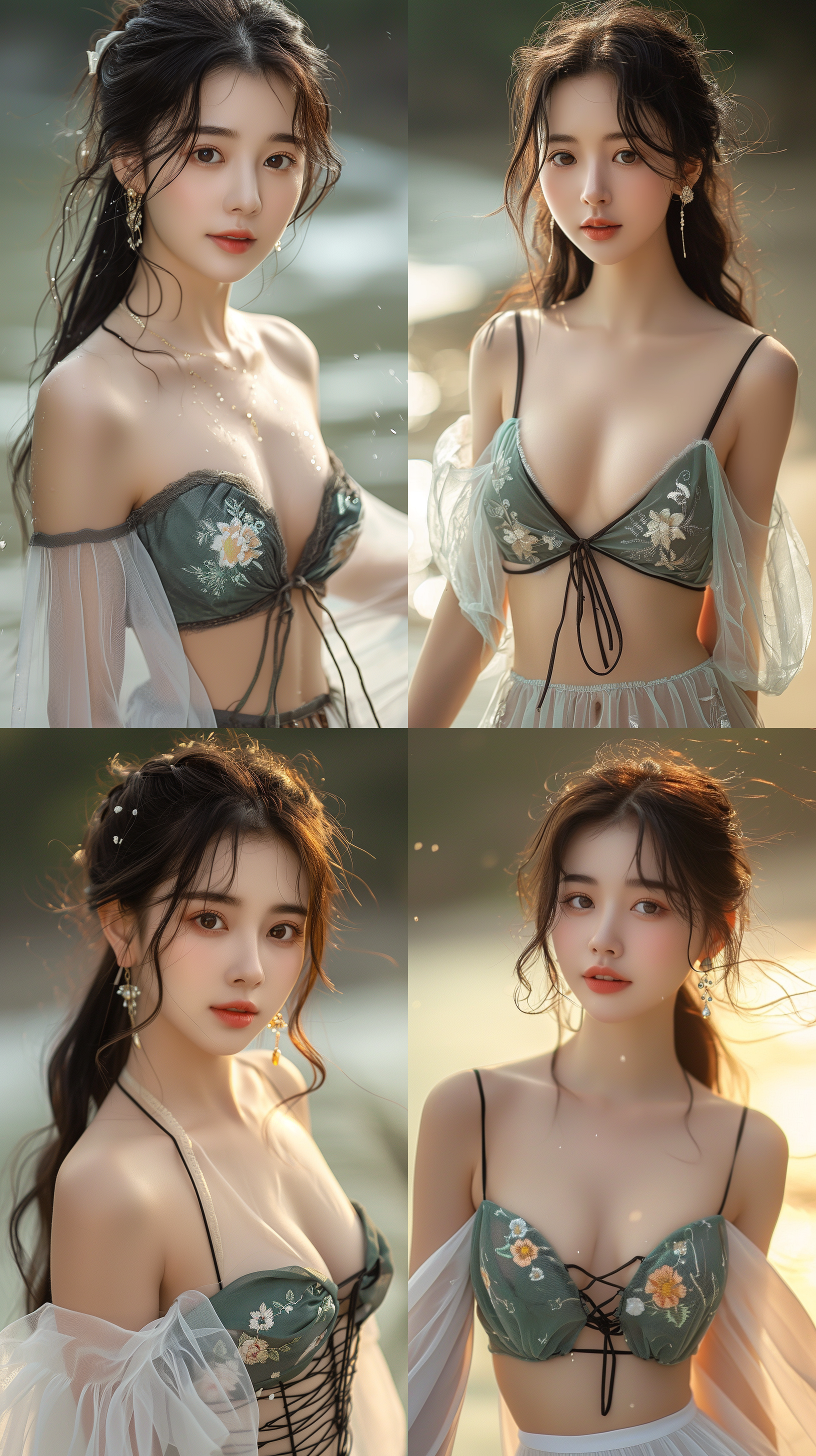 不漏胸，20岁美女，黑色长头发，五官精致，戴上耳环，站在阳光下，柔和光线，浅景深，波浪拍打岸边，一位女性身穿古装。放松，自信，夏日，自然，柔美，清新，舒适，自由，温暖，梦幻。 半身
