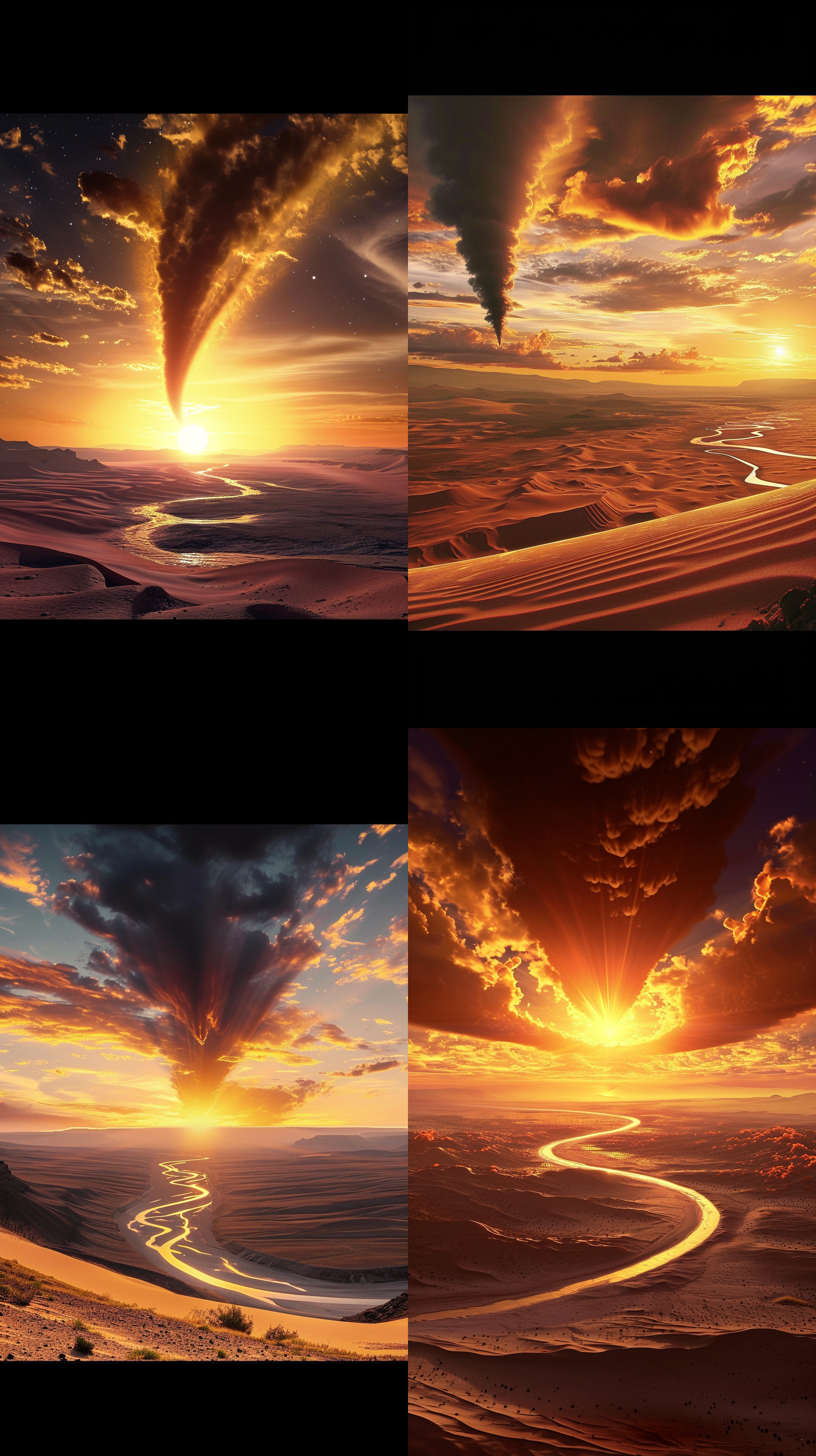 n 8k high-definition display of a vast desert scene, featuring a solitary trail of smoke rising straight into the sky against the backdrop of a spectacular setting sun over a long, winding river.