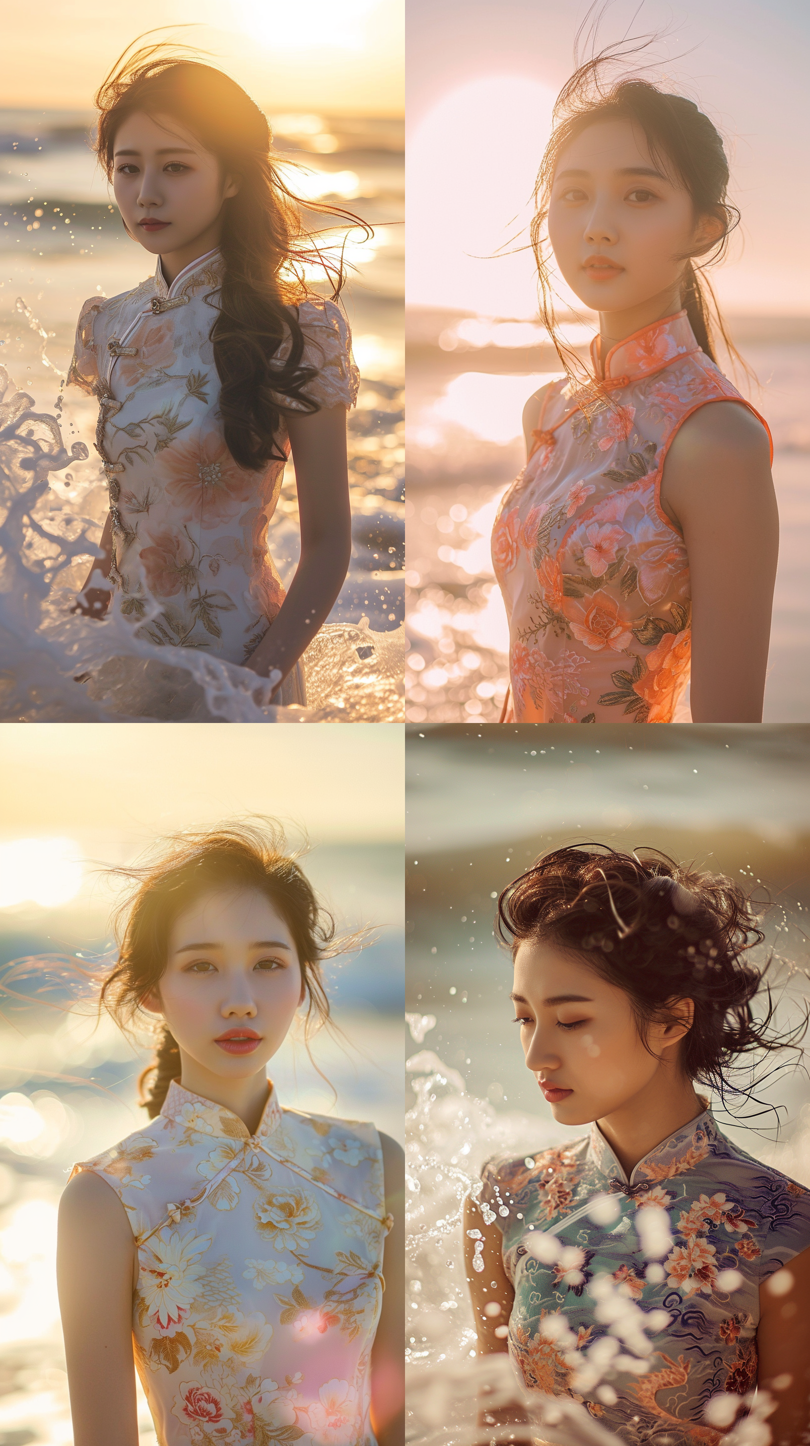 20岁亚洲女孩，旗袍，阳光下，前凸后翘，柔和光线，浅景深，波浪拍打岸边，放松，自信，夏日，自然，柔美，清新，舒适，自由，温暖。半身