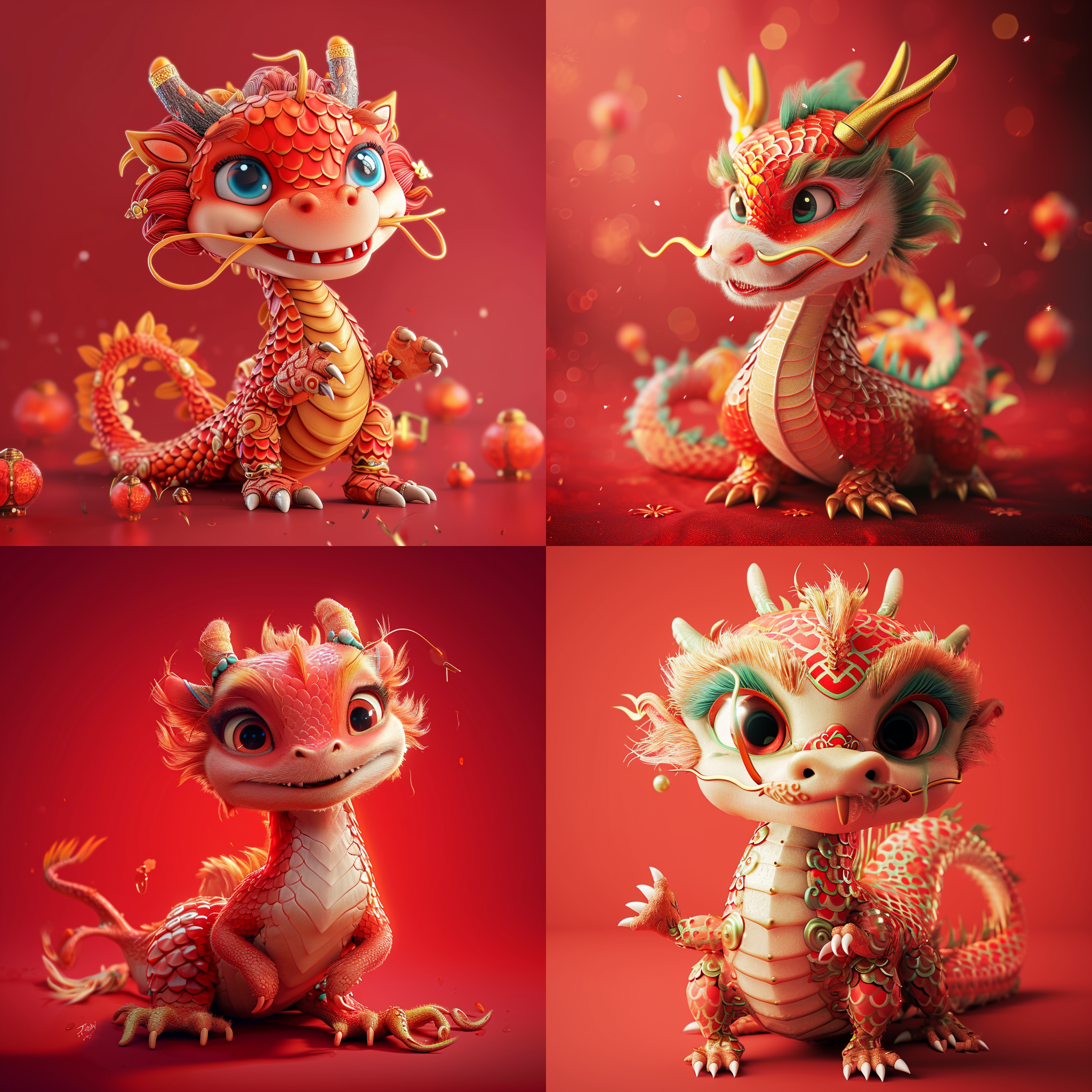 中国风小龙，可爱摆pose，红色背景，传统元素装饰，宽广的构图，明亮而柔和的光线，细节丰富，眼神友善，龙的爪子摆出v型，喜庆的颜色，欢乐的氛围。 动画艺术