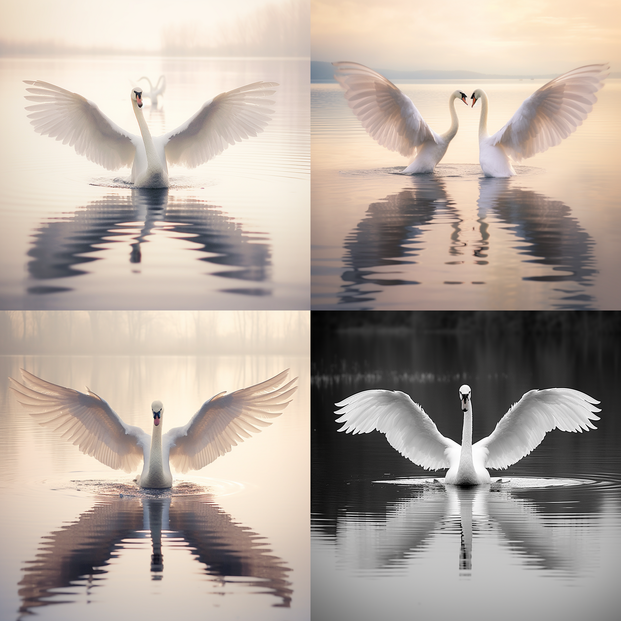 天鹅人在湖边优雅地展翅翱翔，呈s型曲线，倒影在平静的湖面上，呈现迷人的对称美。光线柔和，色彩淡雅，使用长焦镜头捕捉细节，创造出优雅而梦幻的氛围。动作流畅，表现出自由和优雅。天鹅人的姿态和神情彰显出它的高贵和温柔。