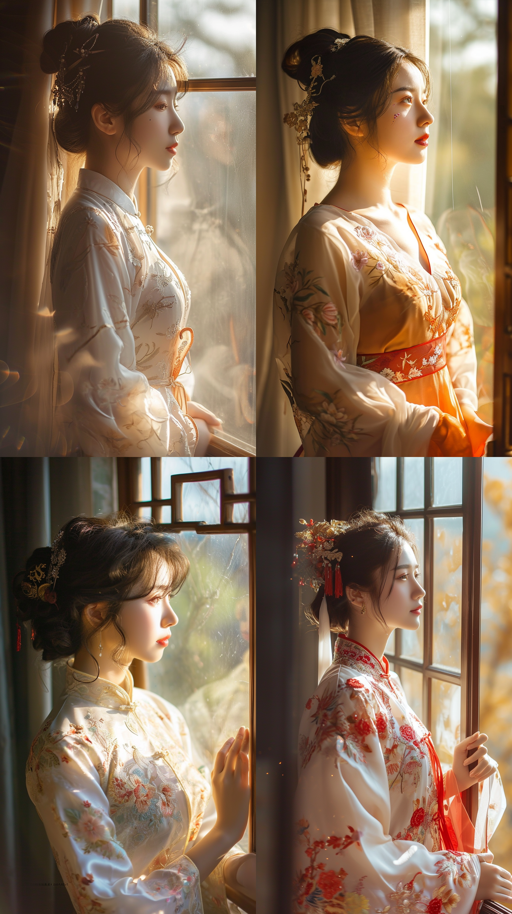 一个美丽的中国汉服女子站在窗户前，欣赏窗外的风景，阳光正好打在脸上，仙气飘飘，8k 刺绣 中式服装 旗袍 丝绸 超现实主义 镜头光晕 刺绣 中式服装 旗袍 丝绸 超现实主义 镜头光晕 刺绣 中式服装 旗袍 丝绸 超现实主义 镜头光晕