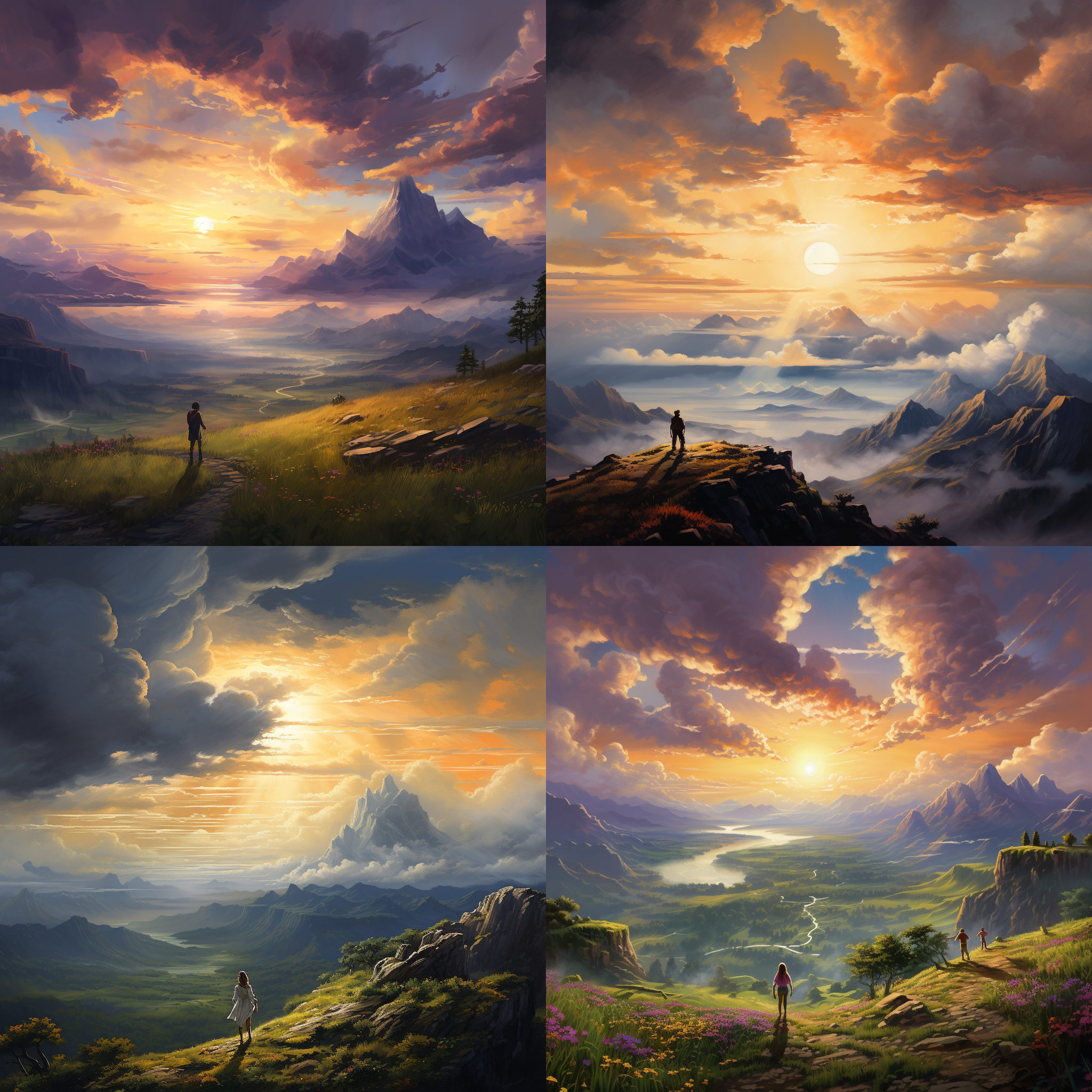 远方，日落时刻，山脉与云层交融，广角镜头，柔和光线，壮丽景色，人物背影，寂静宁谧，微风吹拂，和谐色调，自由感，梦幻。