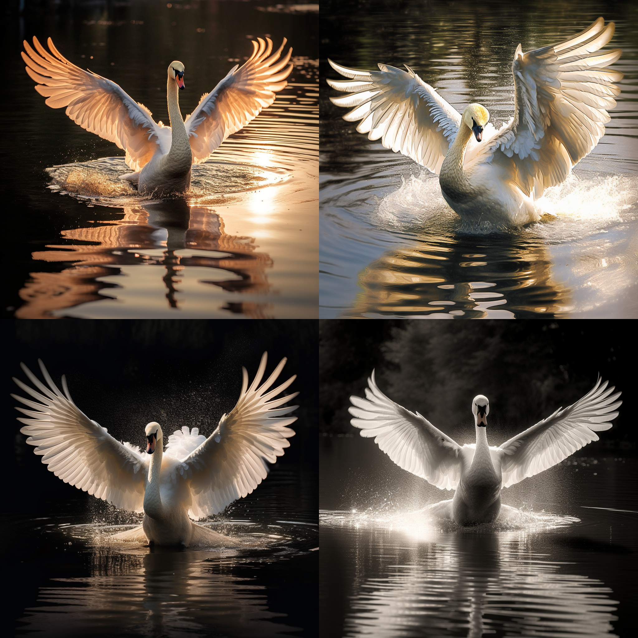 大天鹅展开翅膀五次曝光，翅膀慢门，拖影，水面倒影，激起水花，逆光