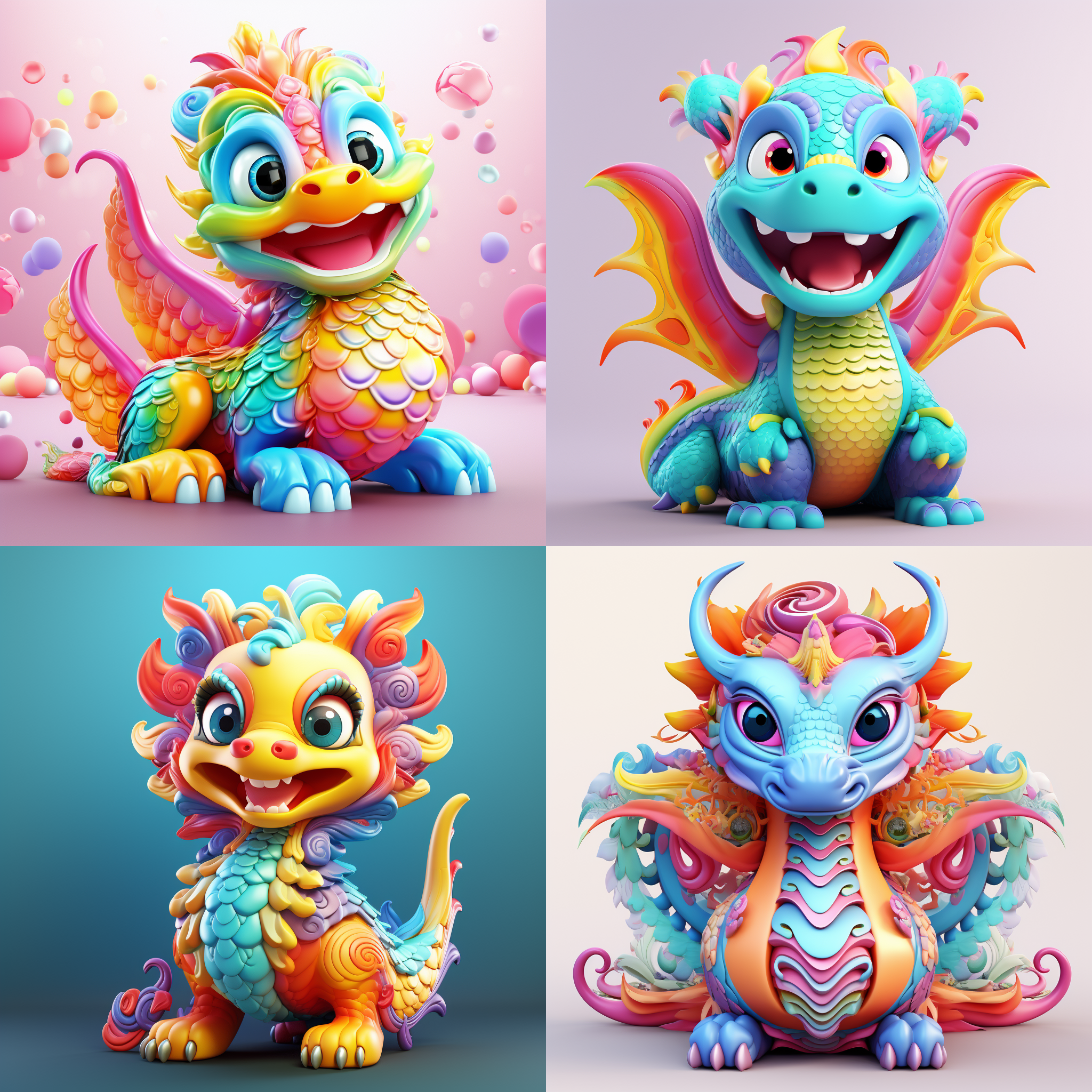 卡通龙，活泼可爱，人型，微笑，无背景，喜庆，春节，过年气氛，立体感，明亮色彩，细节丰富，圆润轮廓，渐变色调，幸福快乐，喜庆装饰。