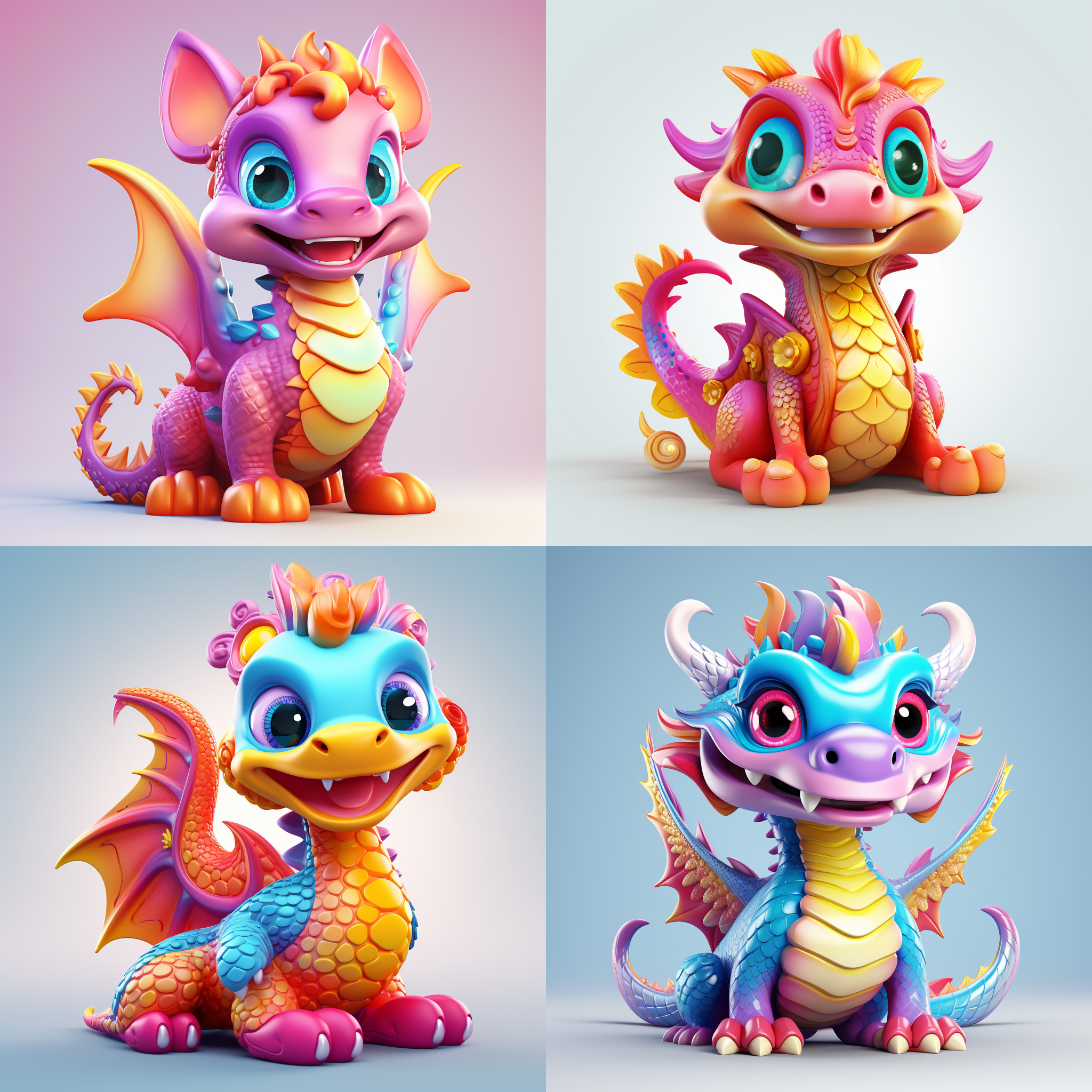 小朋友人形卡通龙，活泼可爱，微笑，无背景，喜庆，春节，过年气氛，立体感，明亮色彩，细节丰富，圆润轮廓，渐变色调，幸福快乐，喜庆装饰。