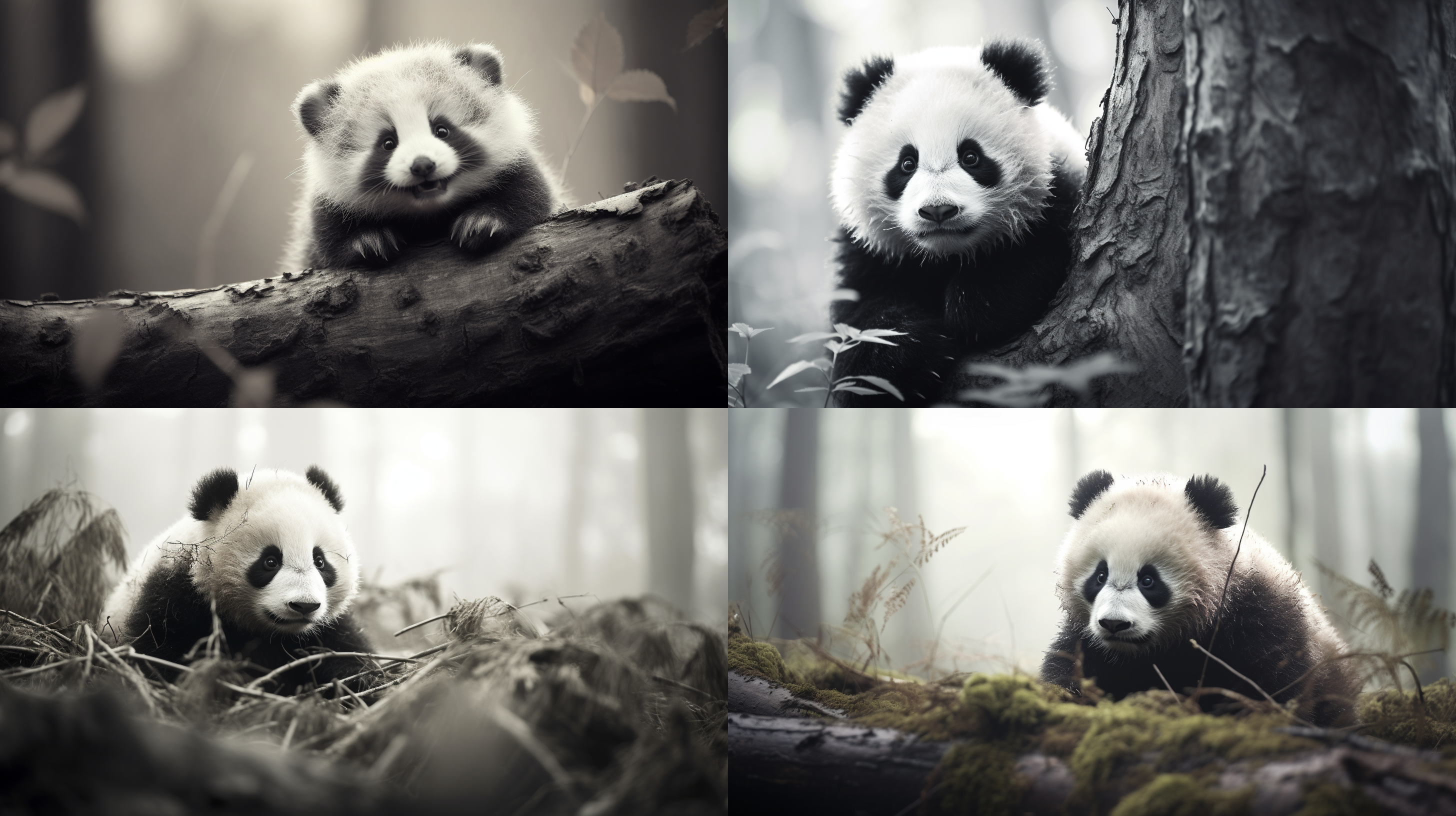 熊猫金虎，七仔，渝爱，可爱，胖胖的，萌萌的，森林里，自然环境，长焦镜头，柔和光线，亲昵，喜悦，黑白色调，欢快。