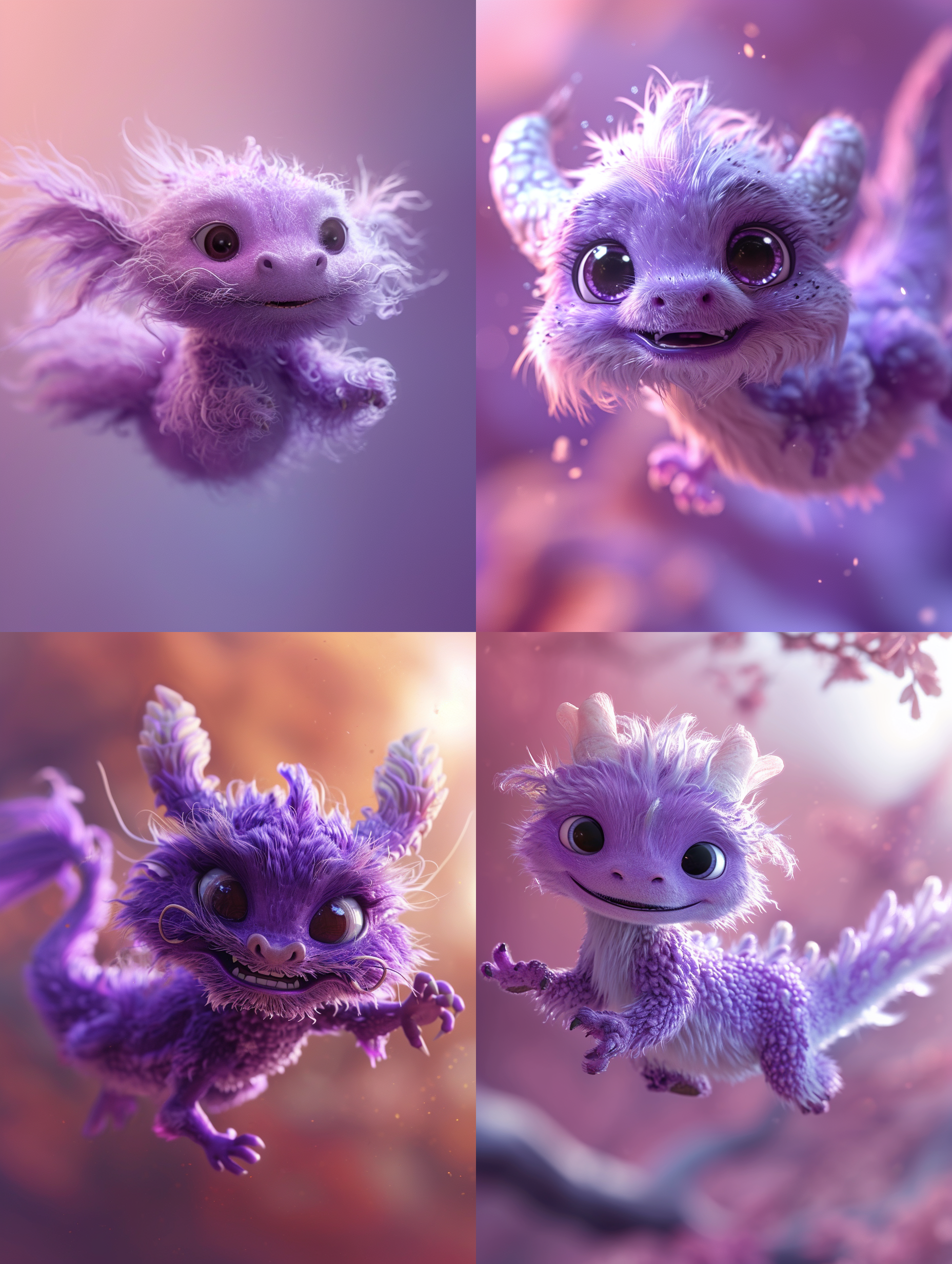 紫色毛茸茸飞起来的中国小龙，呆萌，纯色渐变背景，高品质，皮克斯风格，柔光，可爱，温暖，细节丰富，饱和度高，焦距长，浅景深。