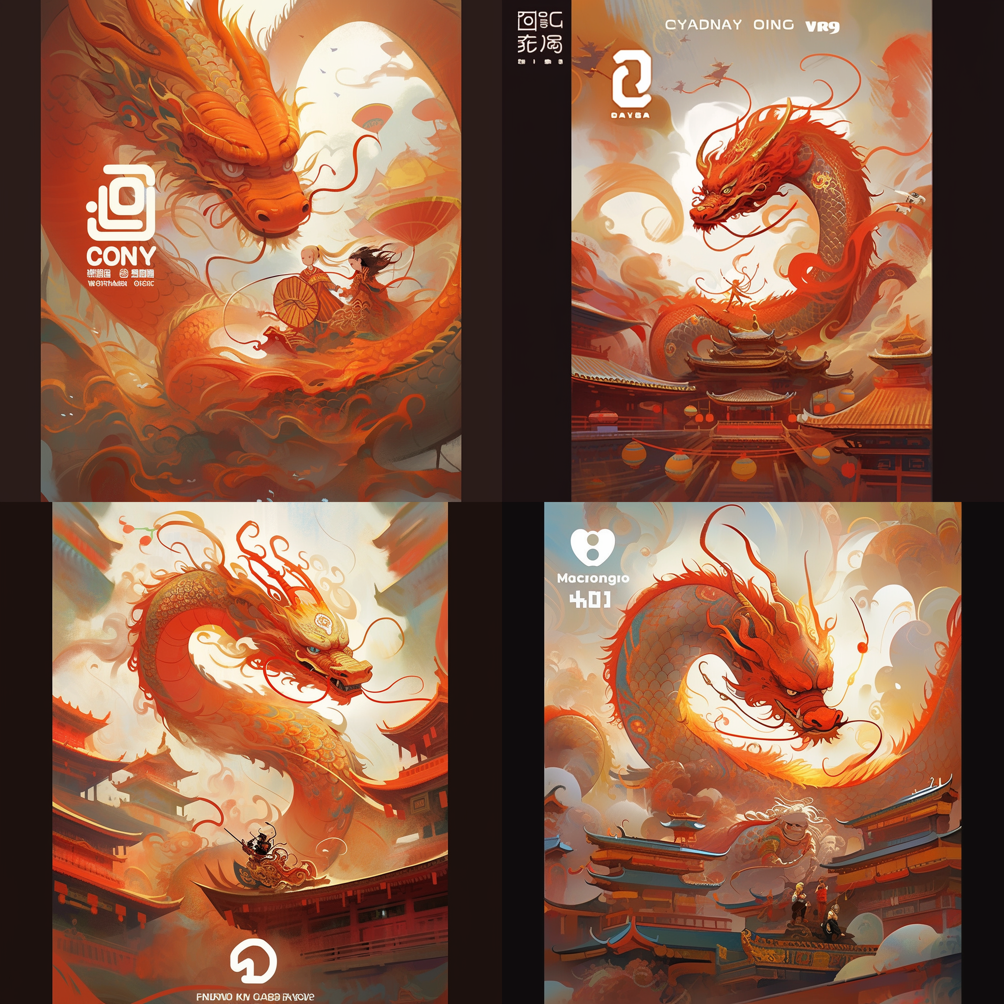 2024年新年的中国龙，greg olsen风格，浅褐和橙色，dmitry spiros、anna和elena balbusso风格，大画布格式，cartelcore风格，详细背景，niji 5，ar 3:4。