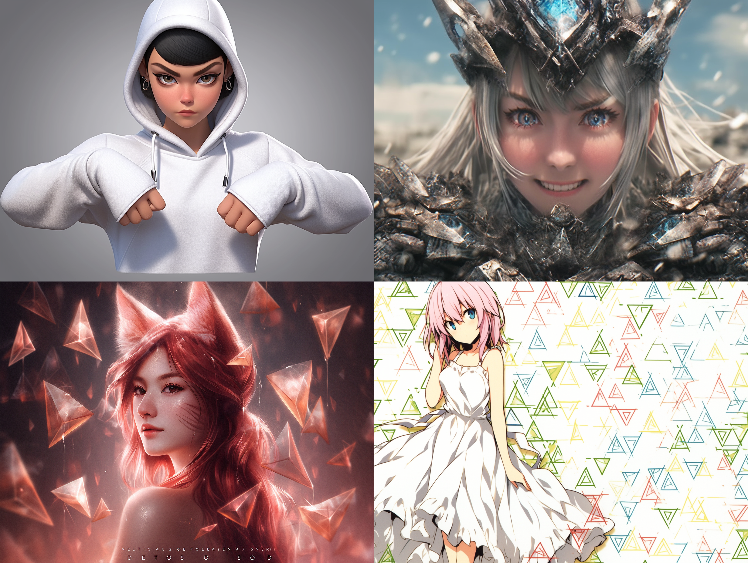 超级可爱的女孩ip由流行的martmartsscenes在春天，三角形的眼睛，粘贴颜色，模拟精细的光泽，干净的背景，梦境，3d渲染，软焦点，oc搅拌机ipbest