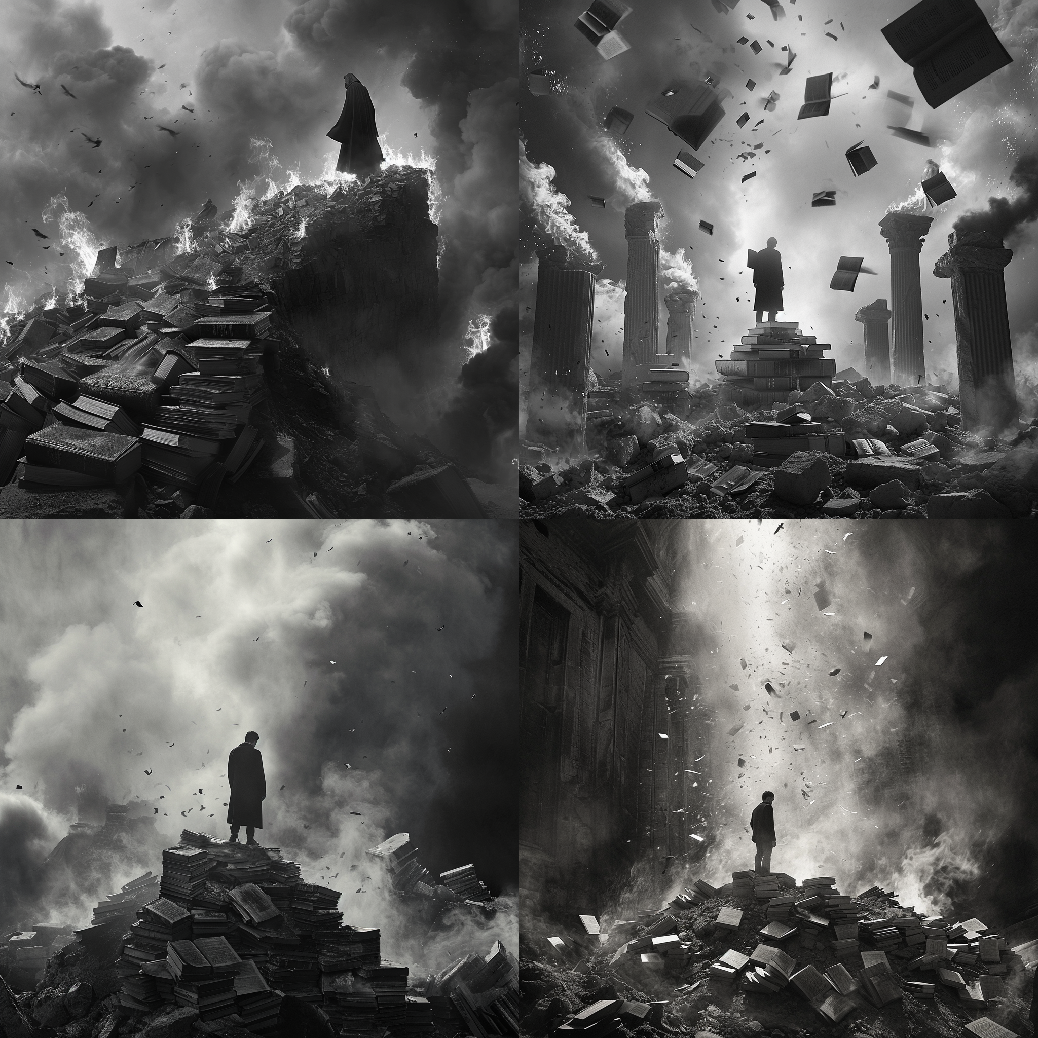 焚书坑儒，熊熊烈焰中，一位孤独的学者站在废墟上，目光坚定。构图对称，黑白风格，古代场景，长焦镜头，逆光，静止，书页飞舞，愤怒，希望。