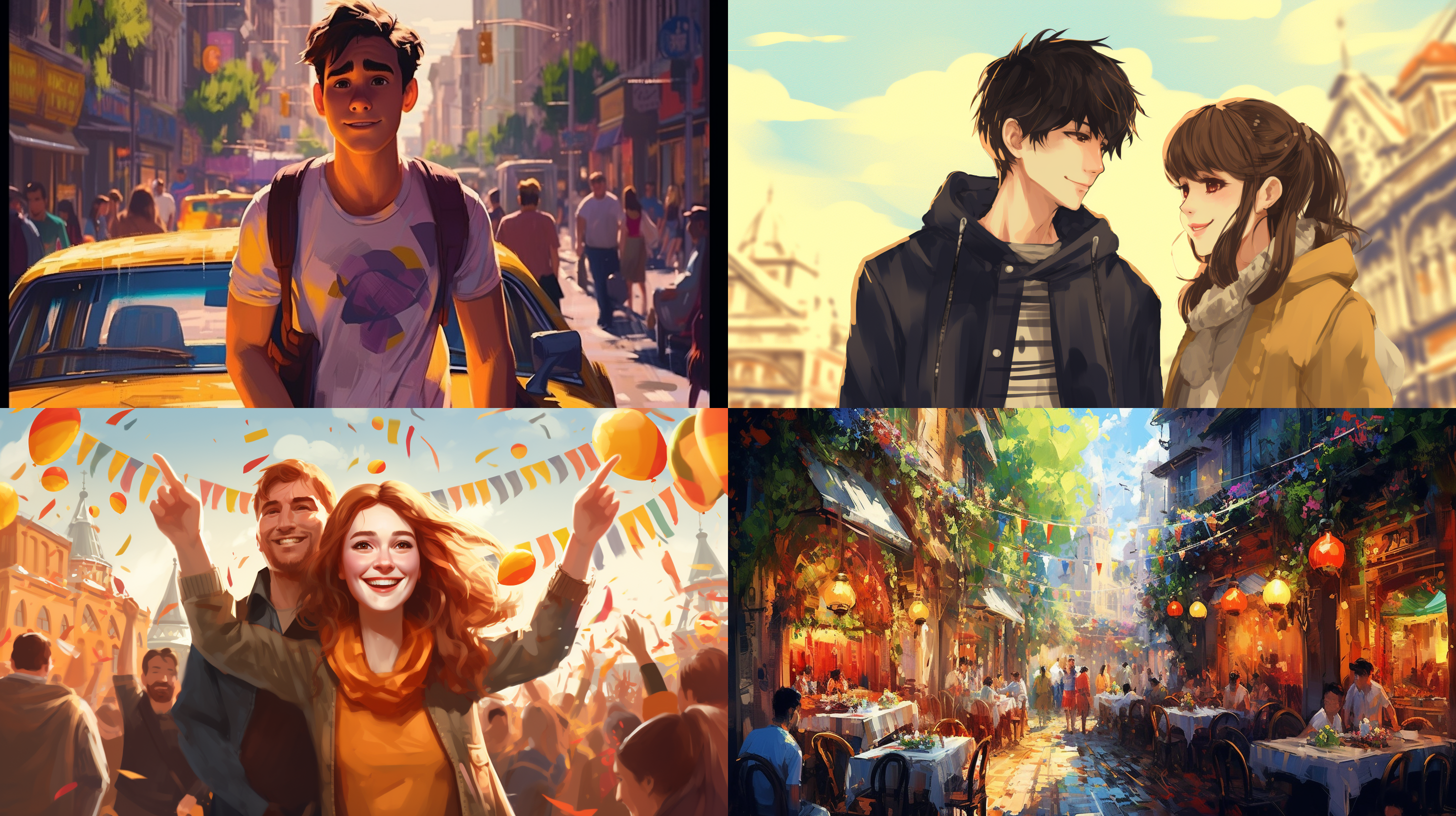 阳光下，女孩和帅哥在繁华胡街道邂逅。大场景，广角镜头，车水马龙，明亮的阳光，温暖的色调，浪漫氛围，目光交汇，爱意，卡通手绘，迪士尼风格。