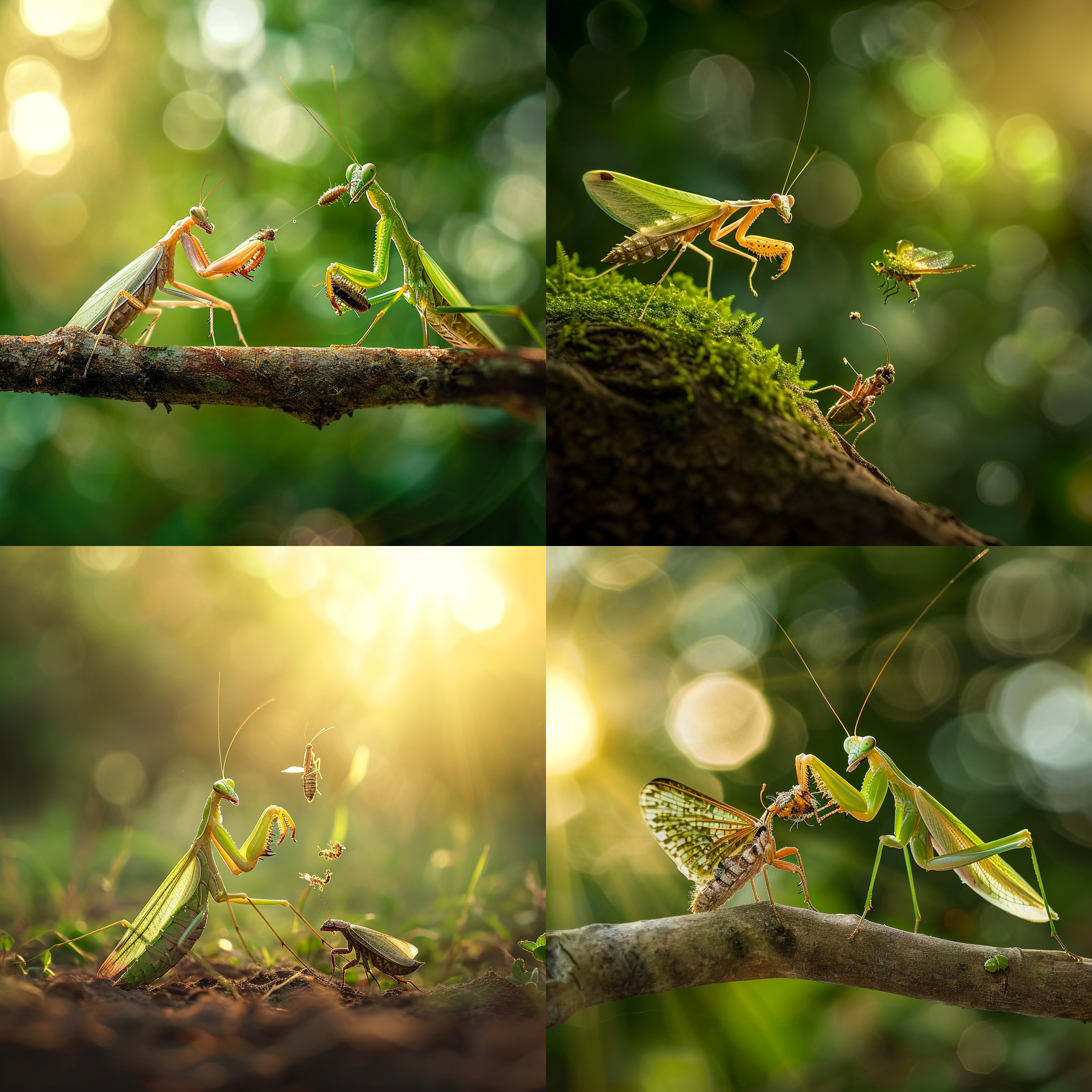 螳螂捕蝉，细节逼真，高清画质，对角线布局，自然环境，长焦镜头，明亮光线，瞬间动作，绿色元素，生机勃勃，张力。