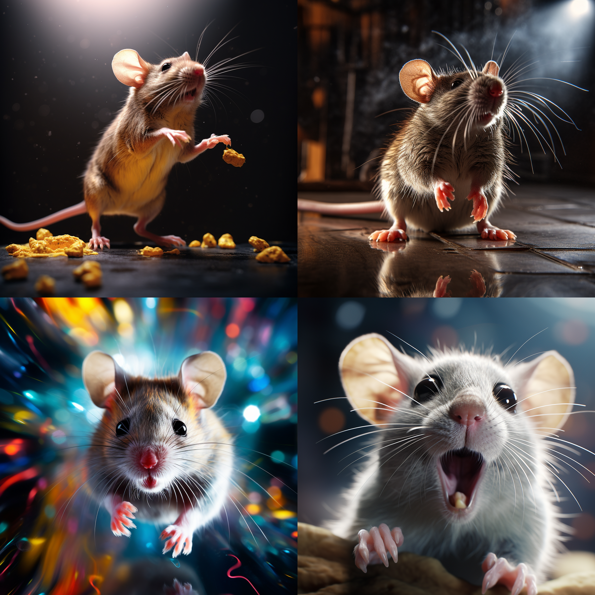 硕大老鼠，夹子旋转，诱饵香气，流口水，高对比度，环境明亮，饱满颜色，快速快门，紧张动作。