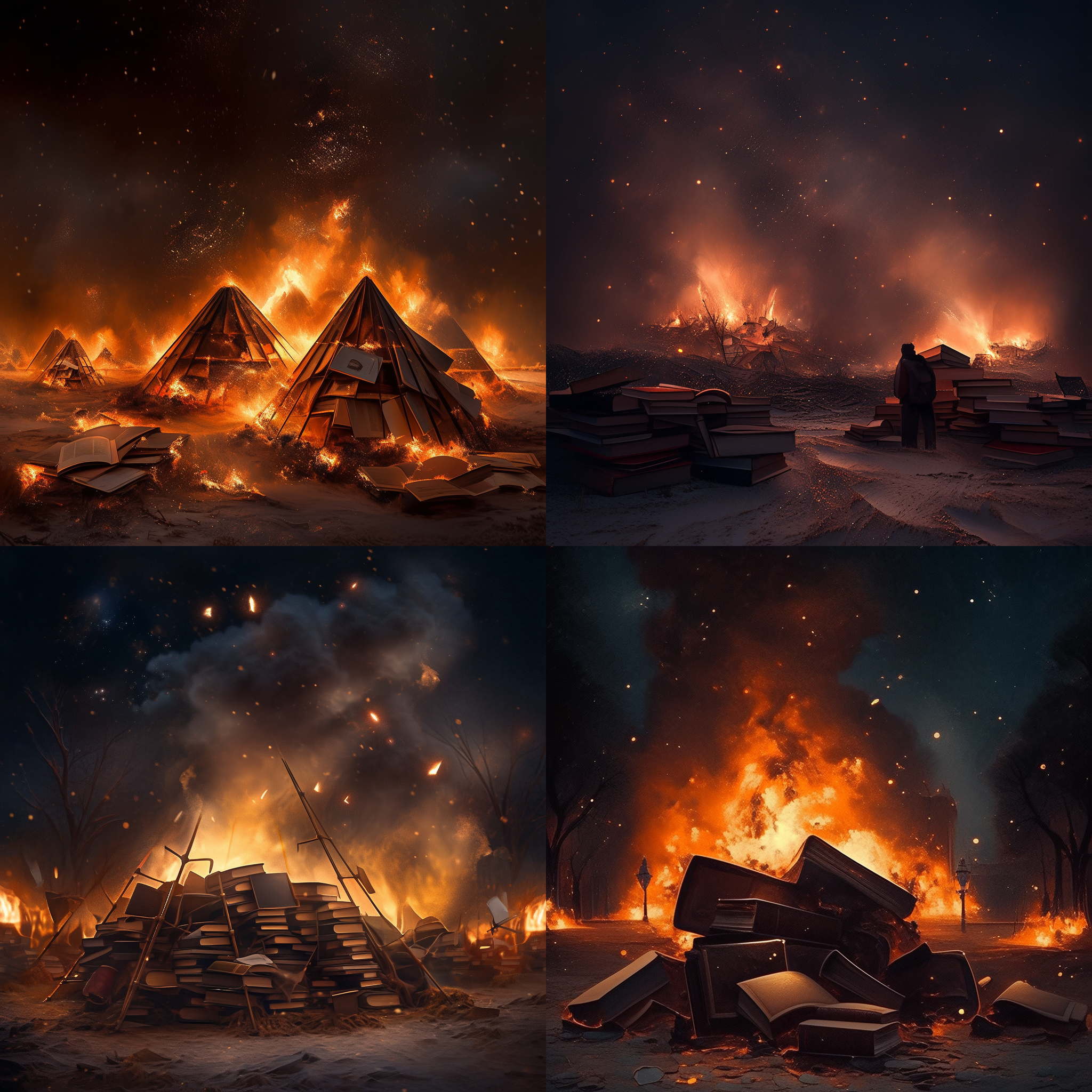 焚书坑儒，夜幕下的场景。烈火熊熊，照亮了残破的书籍和文人的绝望。构图对称，黑暗背景衬托出火光的辉映。高动态范围，冷色调，长焦镜头，明暗对比，悲壮的情感。