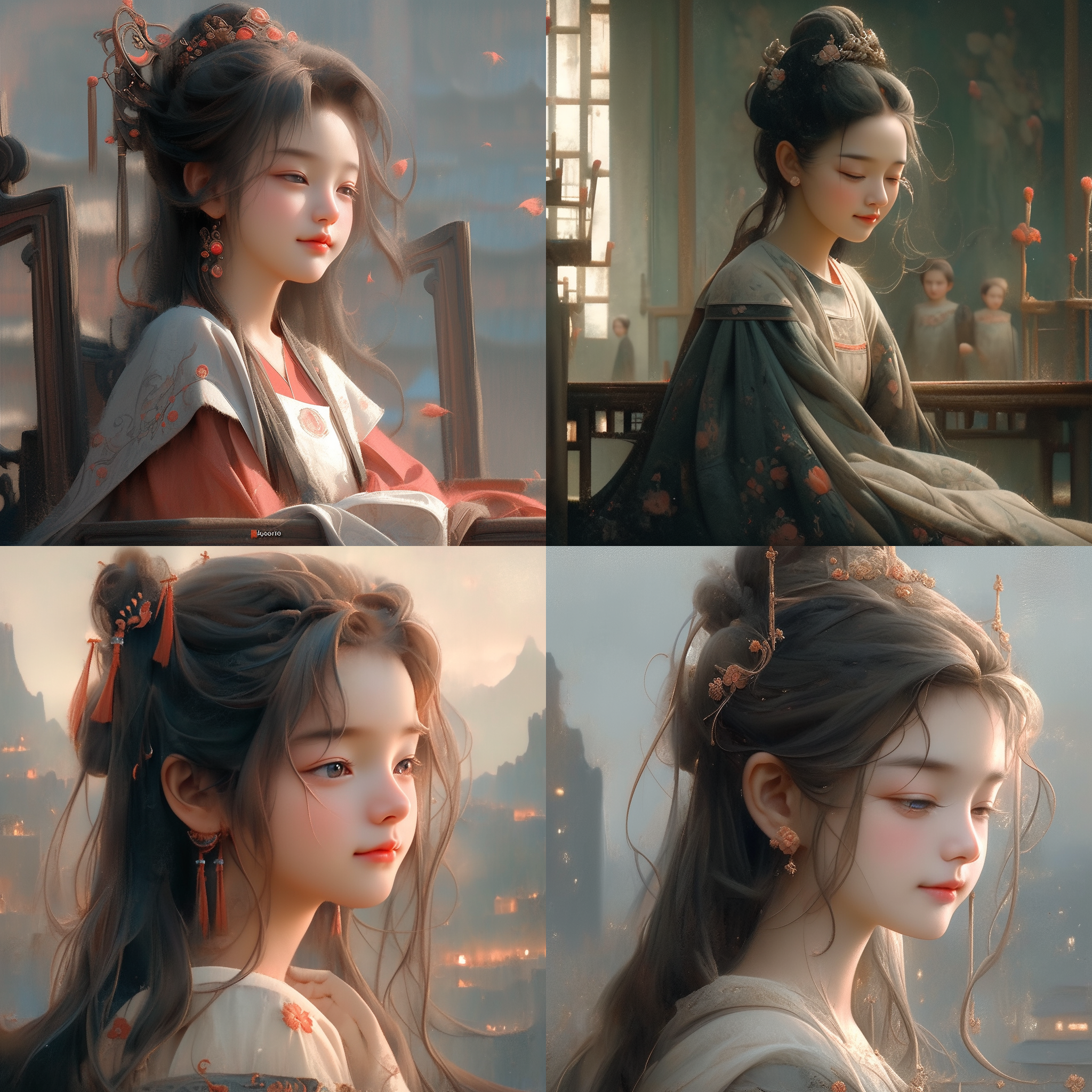 杨贵妃穿着华丽的唐朝服饰，坐在宫殿的宝座上，背景是壮丽的大唐盛世景色。摄影风格采用柔光和柔色调，突出杨贵妃的美丽和娇媚。镜头使用长焦距，把焦点聚集在杨贵妃身上，突出她的细节和面部表情。整个画面充满了浓厚的中国古代文化氛围，令人陶醉。