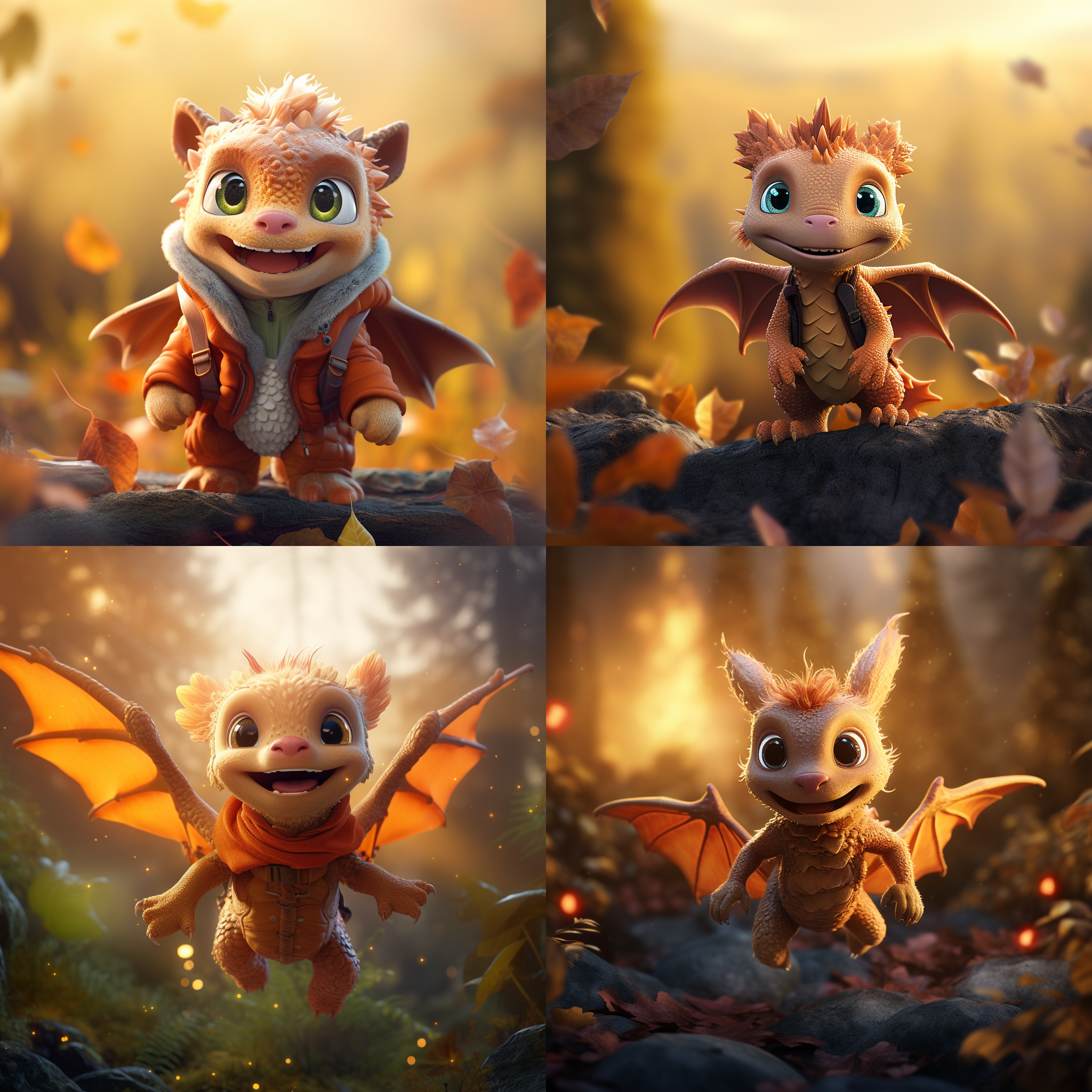 可爱的小龙在自然背景中飞翔，穿着羽绒服。滤镜幻彩增添了生动活泼的氛围，长焦镜头捕捉到了小龙有角的细节。柔和的光线照亮了整个画面，色彩丰富且欢快。