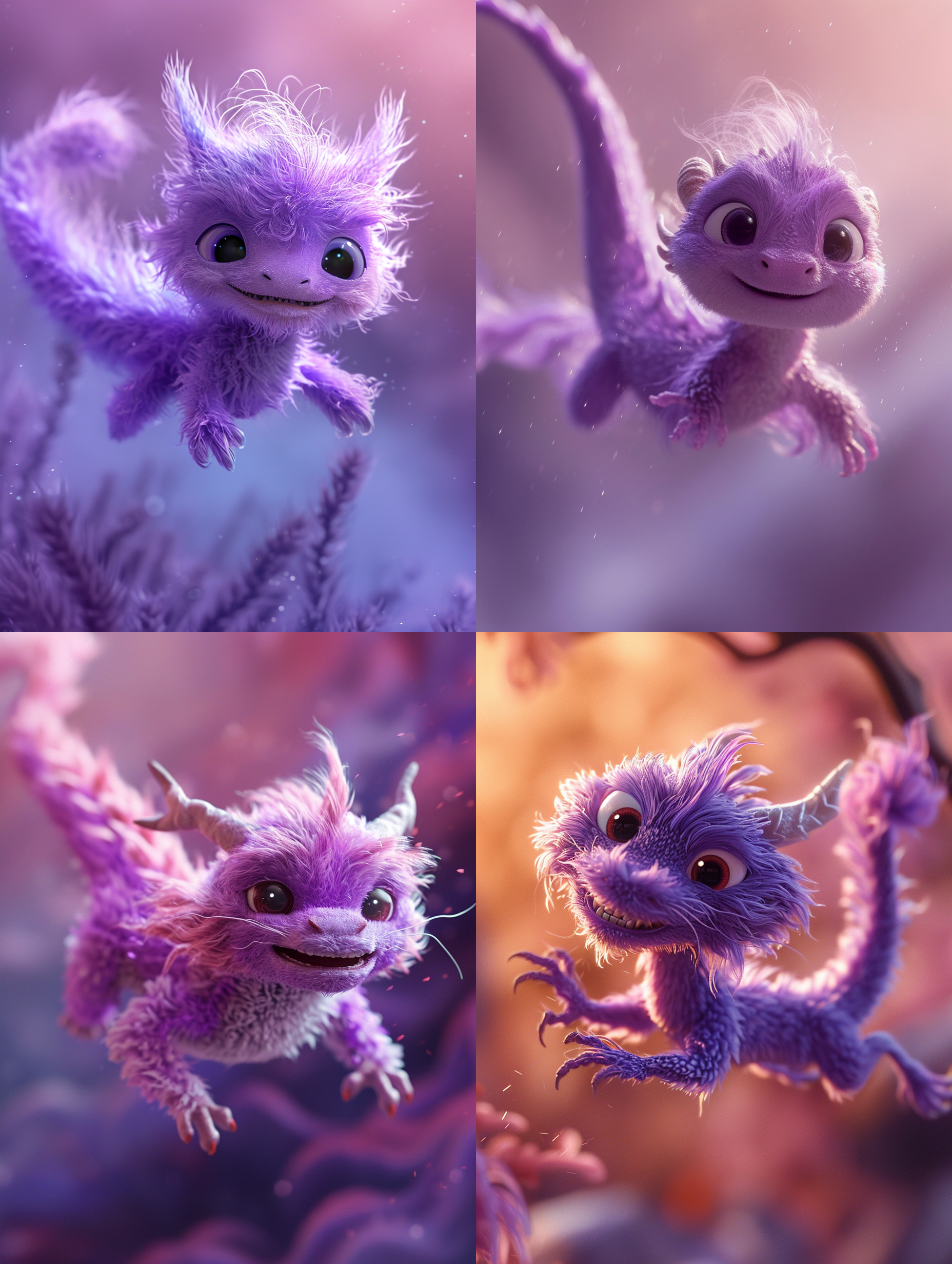 紫色毛茸茸飞起来的中国小龙，呆萌，纯色渐变背景，高品质，皮克斯风格，柔光，可爱，温暖，细节丰富，饱和度高，焦距长，浅景深。