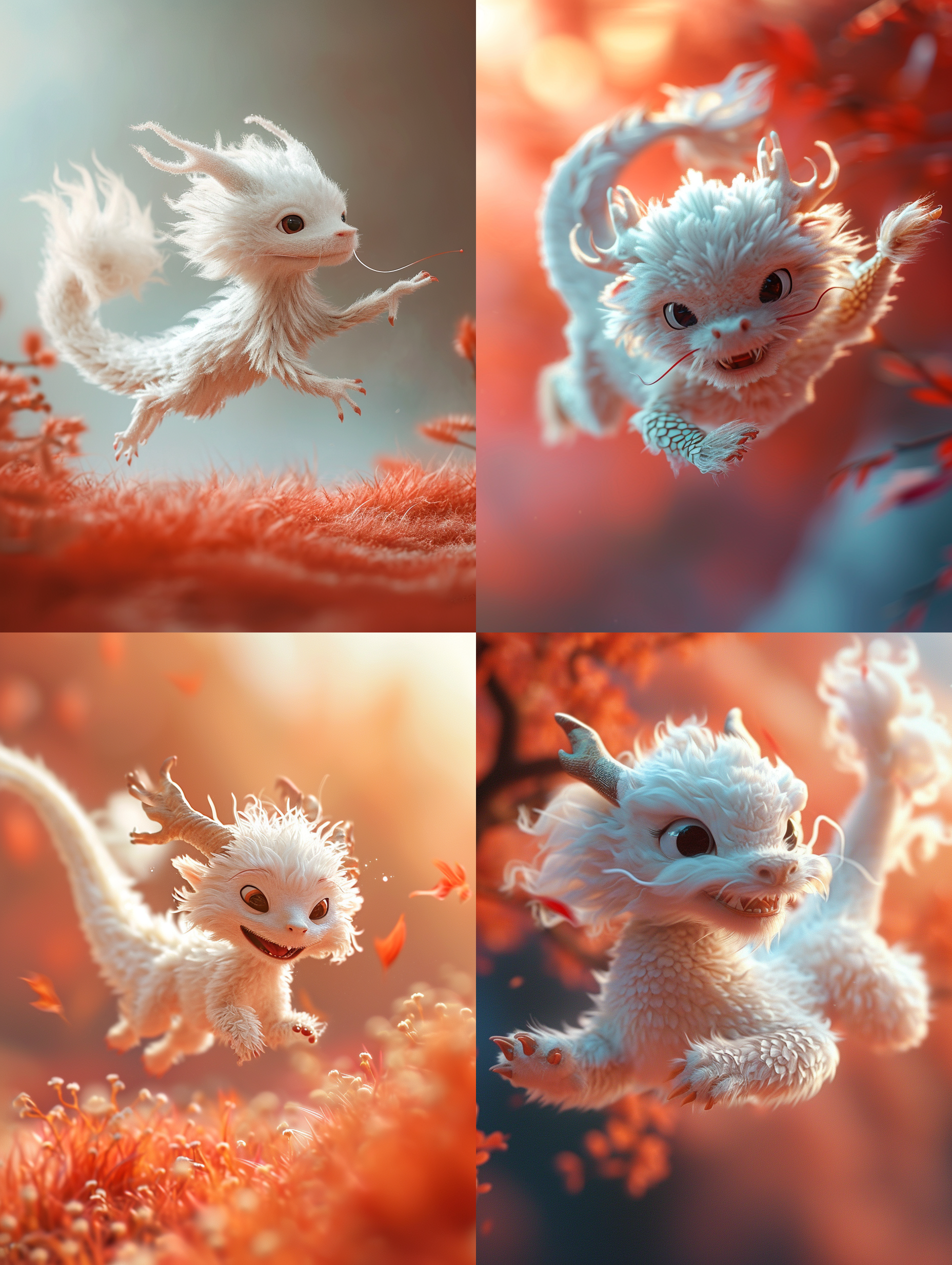 白色毛茸茸飞起来的中国小龙，呆萌，纯色渐变背景，高品质，皮克斯风格，柔光，可爱，温暖，细节丰富，饱和度高，焦距长，浅景深。