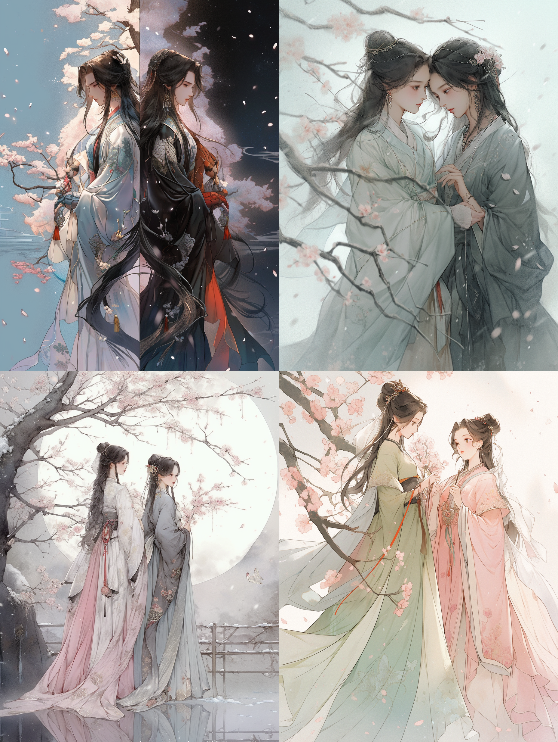 画面中有两个人，左边中国现代美女，右边中国古代美女，两人相对站立，中间间隔很远，穿越，桃花，飞雪 光追反射 国墨