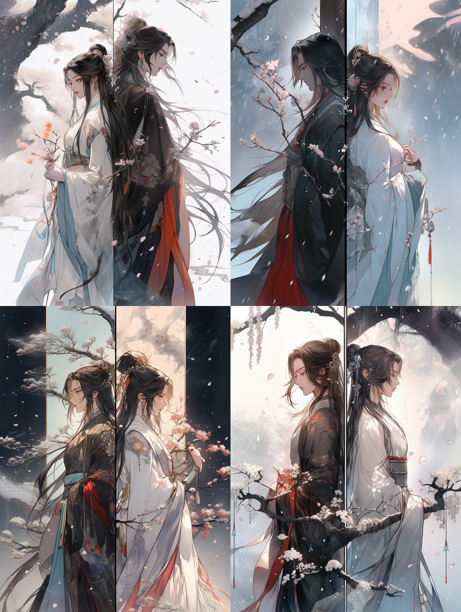 画面中有两个人，左边中国现代美女，右边中国古代美女，两人相对站立，中间间隔很远，穿越，桃花，飞雪 光追反射 国墨