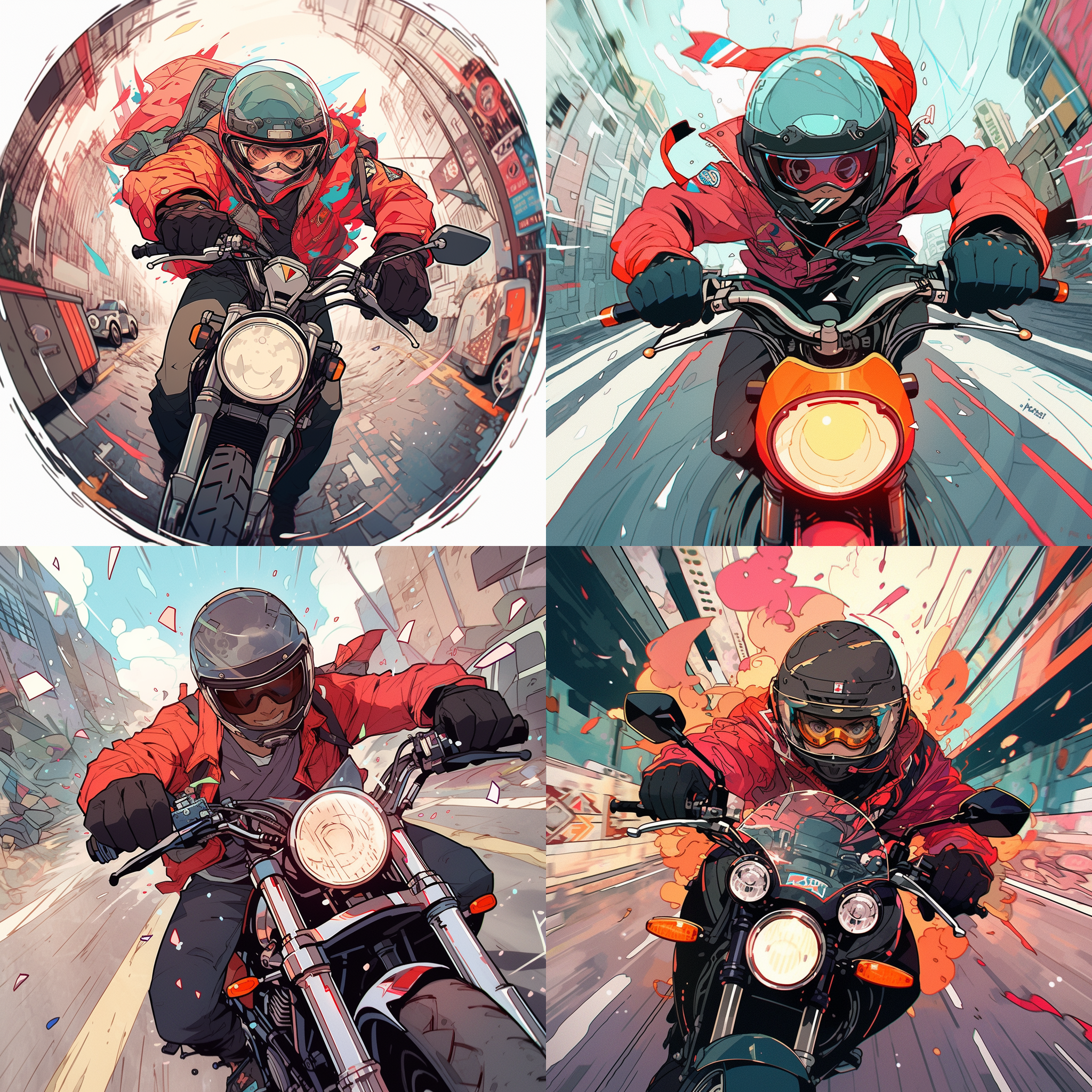 男生戴头盔骑摩托车，身穿皮夹克，旧日漫风格，街道背景，强烈对比度，鱼眼镜头，动感，高速行驶，自由，冒险，活力，明亮色调。