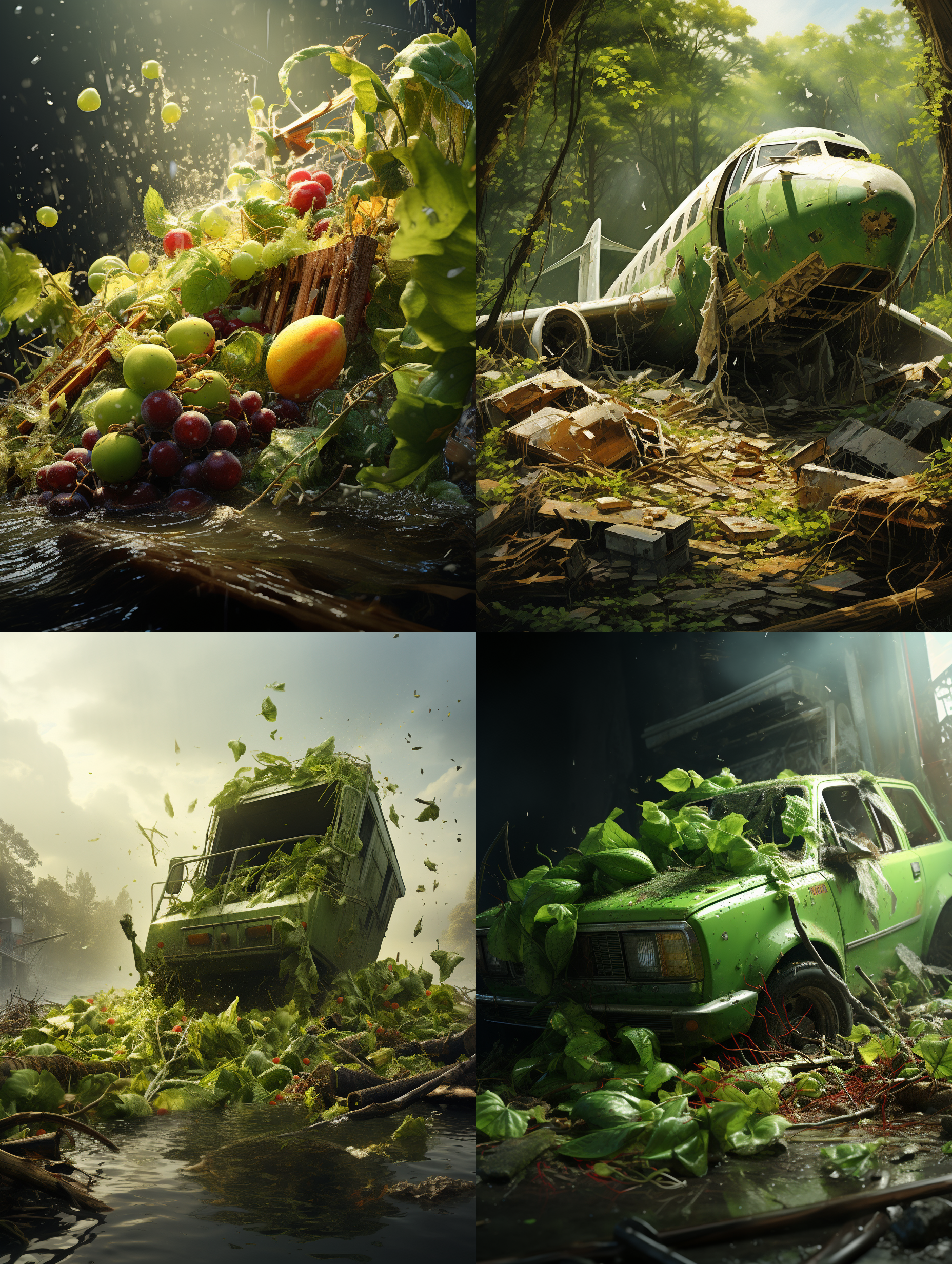 史莱姆吞噬残骸，写实构图，自然环境，长焦镜头，明亮光线，悬浮动作，绿色元素，逼真色彩，好奇情绪。