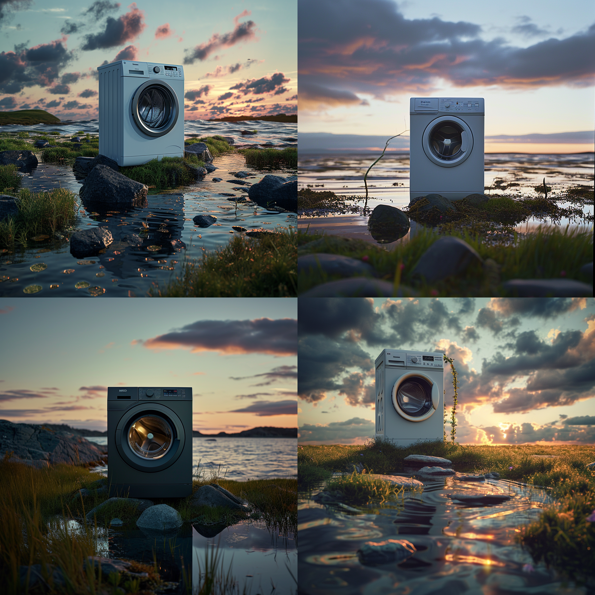 洗衣机立草地上，草地上的石头托起洗衣机，草地旁边环绕水，产品结构，布悬浮空中环绕洗衣机，聚焦洗衣机，大广角，远景，暗色场景，夕阳暮光，宏观，景深，聚焦，平行透视，俯视图，8k raw，尼康摄影