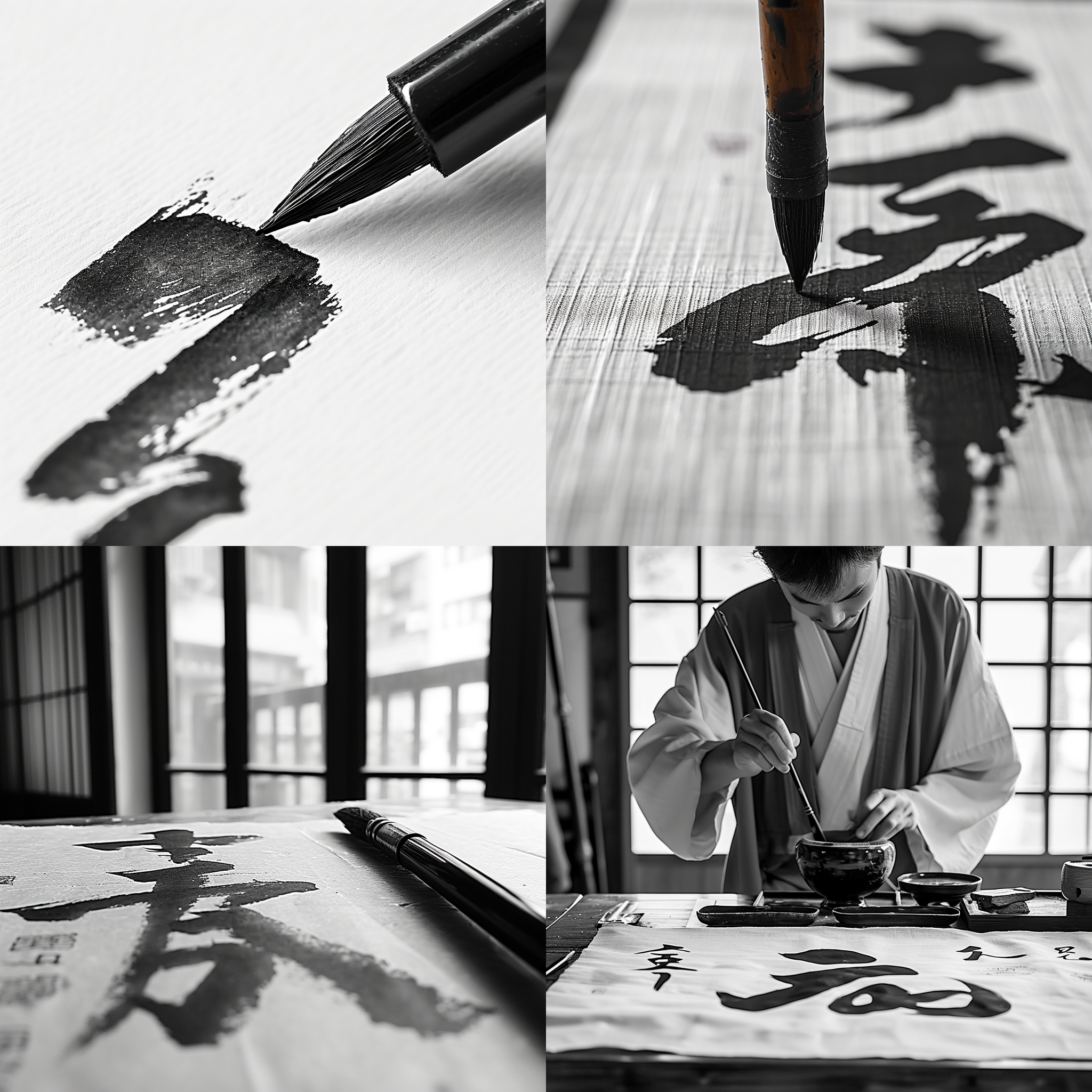 美术书法免费学海报，黑白风格，居中构图，明亮的教室环境，细腻的线条，细节丰富，毛笔字，清晰的对比度，自然光，专注，平静，灵动，传统与现代结合。素雅简洁，明快的对比度，平和的色彩，清晰的线条，柔和的光线，专注的目光，沉浸于书法艺术中的氛围。